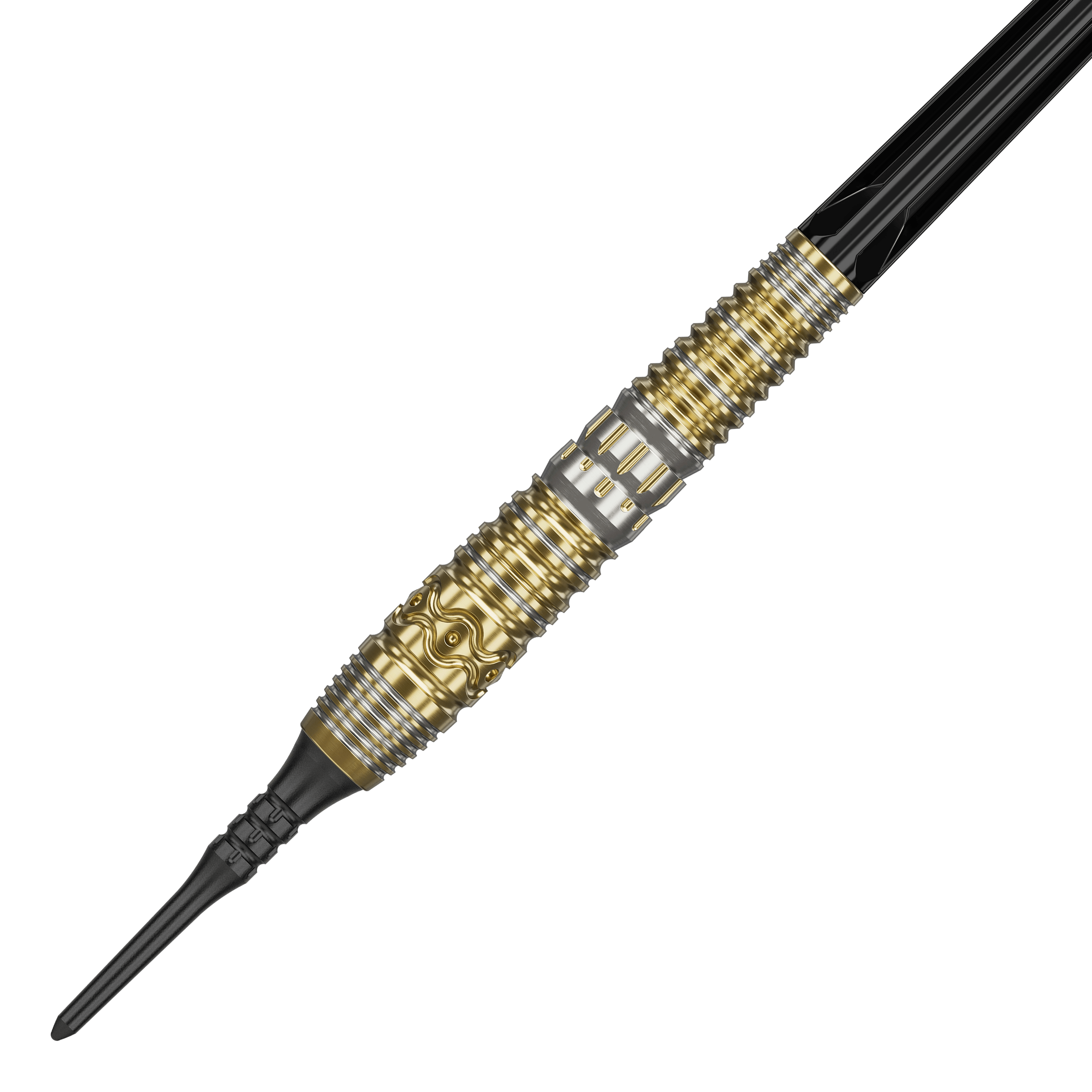Dardos blandos Target Japan Hot Shot GEN2 - 19 g Das Bild zeigt einen Softdart mit dem Namen "Target Japan Hot Shot GEN2 Softdarts - 19g". Der Dart hat ein auffälliges Design in Gold und Silber mit detaillierten Gravuren am Griff.