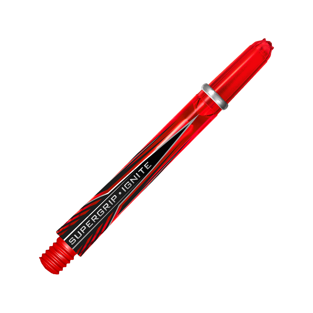 HR385_Harrows_Supergrip_Ignite_Shafts_Rot_47mm_2 Das Bild zeigt einen roten Harrows Supergrip Ignite Shaft. Auf dem Schaft steht der Schriftzug "SUPERGRIP IGNITE".