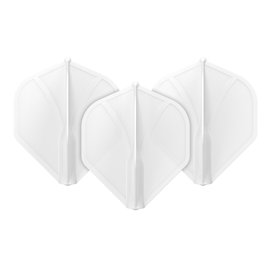 Perfil aerodinámico moldeado No2 Vuelos estándar Auf dem Bild sind drei klare, weiße Dart-Flights zu sehen. Sie sind nebeneinander aufgestellt und haben eine klassische, rautenähnliche Form.