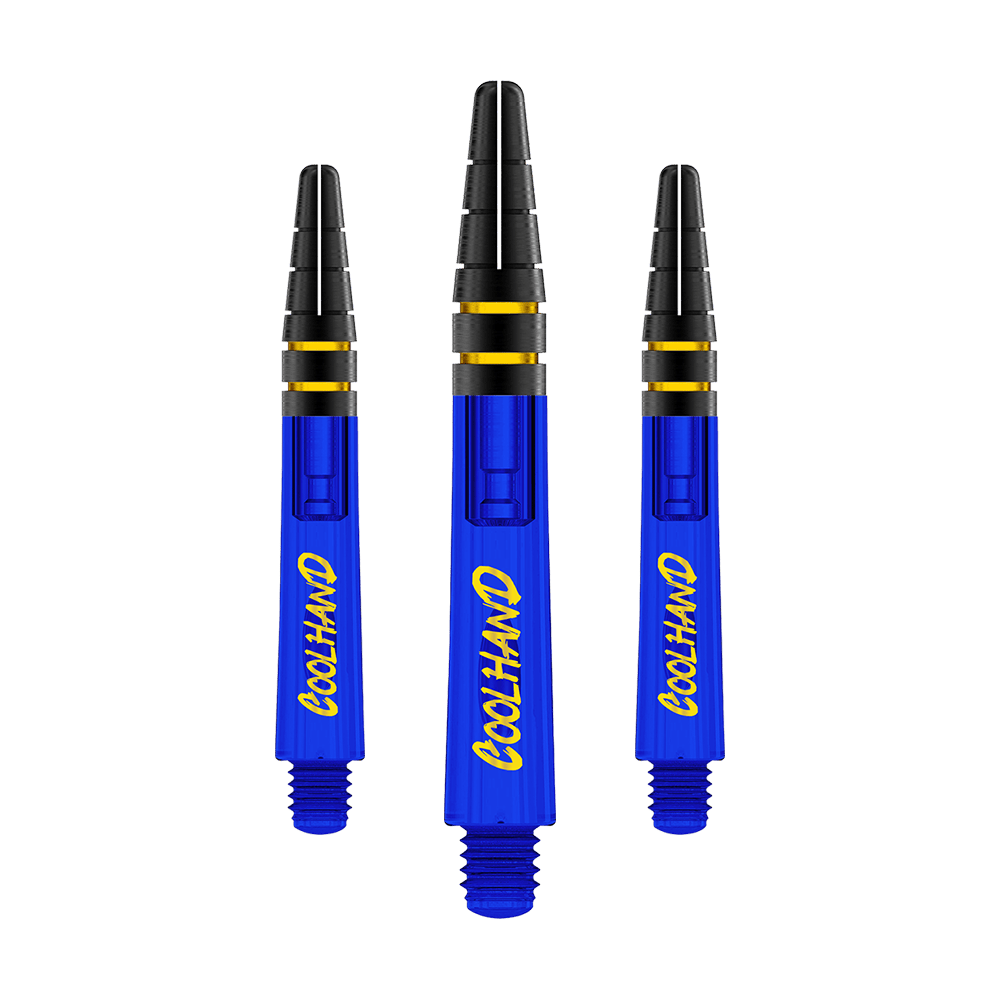 Flechas Red Dragon Nitrotech Luke Humphries Coolhand - Azul Das Bild zeigt drei blaue Dartschäfte mit der gelben Aufschrift "COOLHAND". Die Schäfte haben schwarze und goldene Akzente am oberen Ende.