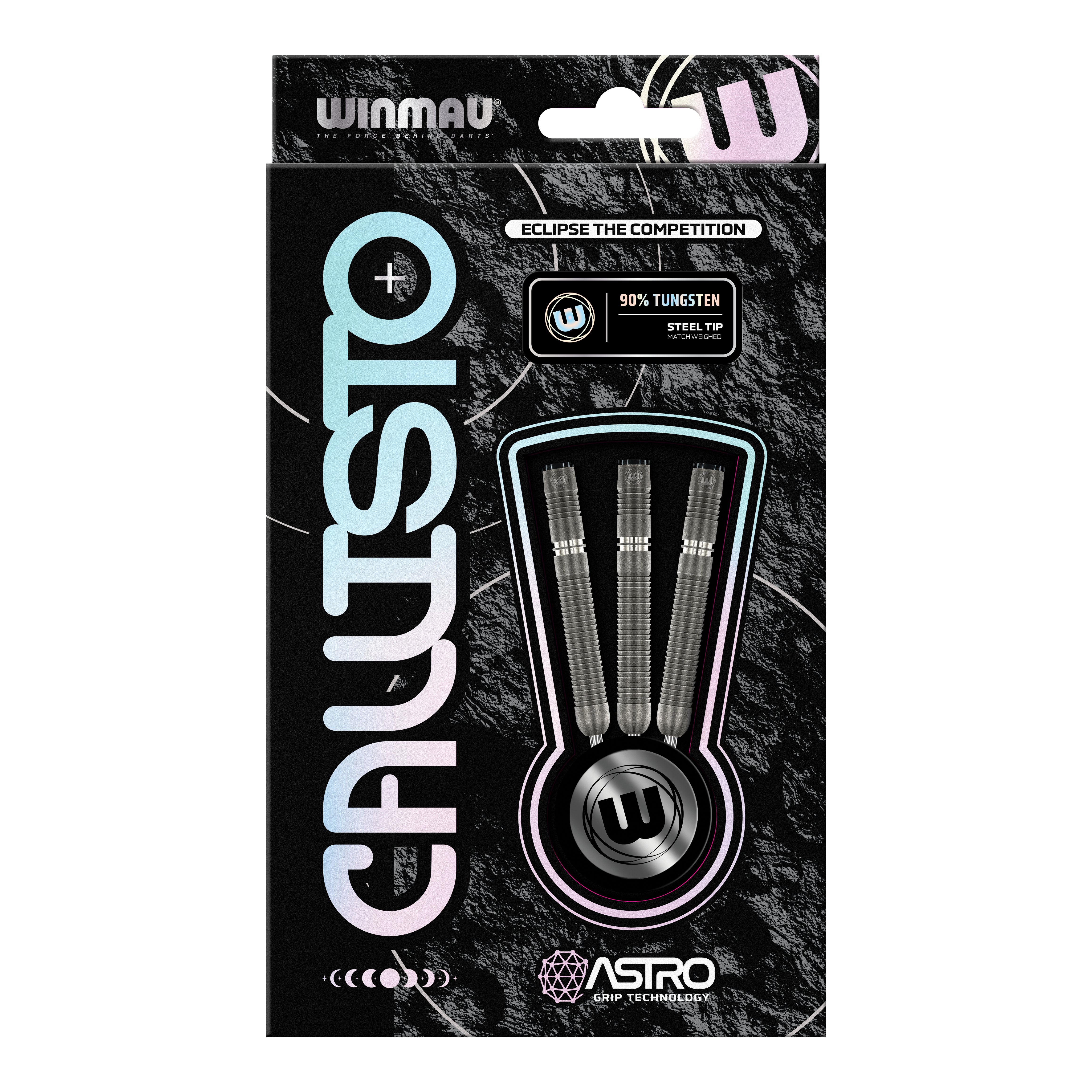 Dardos de acero Winmau Callisto 01 Das Bild zeigt eine Verpackung der "Winmau Callisto 01 Steeldarts". In der Mitte sind drei Darts mit Stahlspitze und 90% Tungsten-Anteil sichtbar.