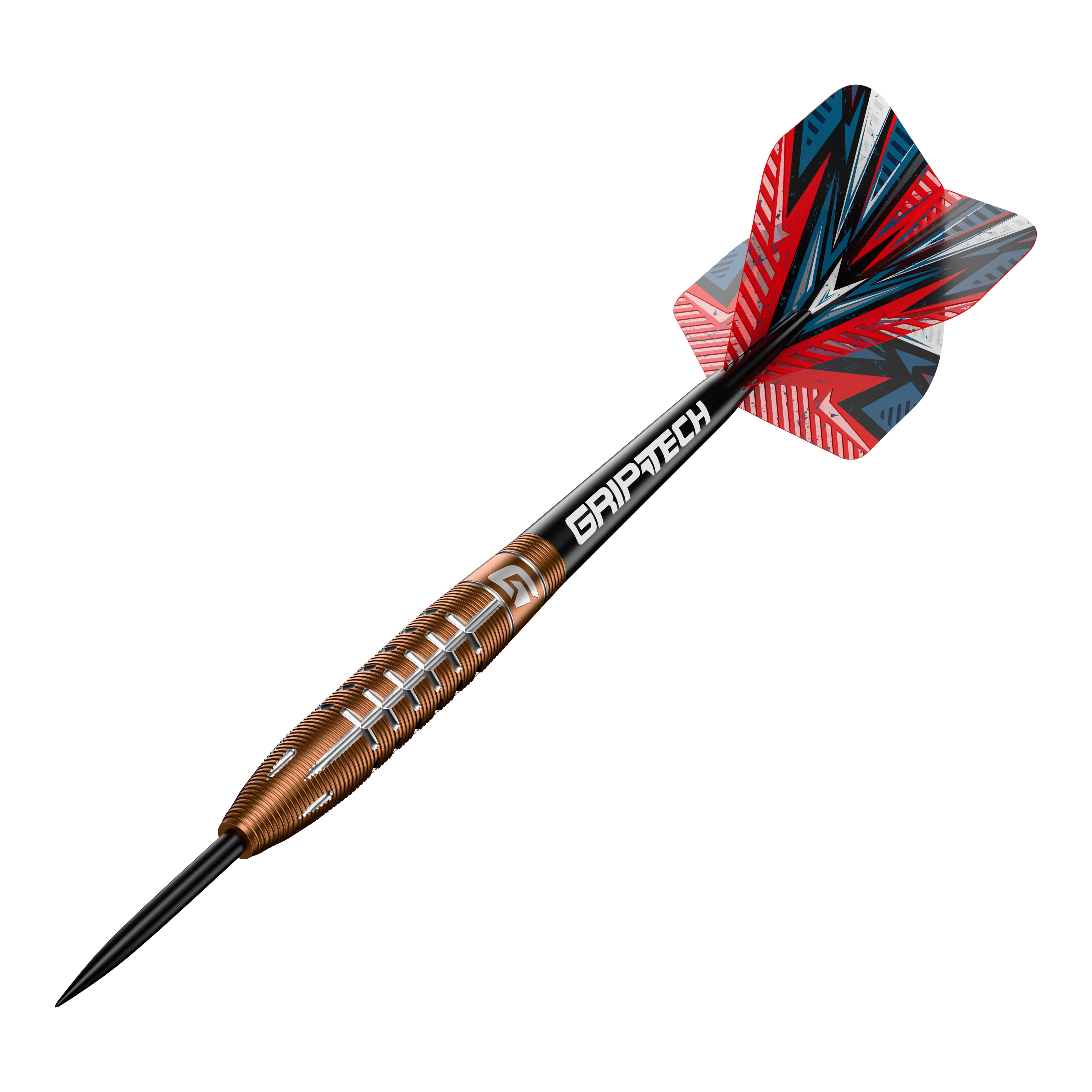 Dardos de acero de tungsteno GOAT Quarterback V2 - 24 g Das Bild zeigt einen Steeldart namens "GOAT Quarterback V2 Tungsten" mit einem Gewicht von 24 Gramm. Der Dart hat ein auffälliges Design mit roten, schwarzen und silbernen Akzenten sowie dem Schriftzug "GRIPTECH" auf dem Schaft.