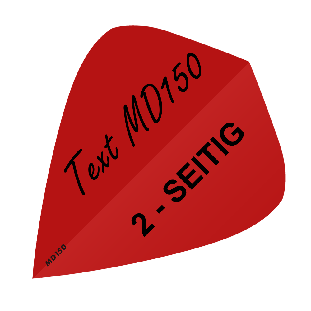 MD-307_2-Seitig_Bedruckte_Flights_Wunschtext_MD150_Rot_Kite_1 Das Bild zeigt ein rotes, quadratisches Feld mit schwarzem Text. Darauf stehen die Wörter „Text MD150“ und „2-SEITIG“.