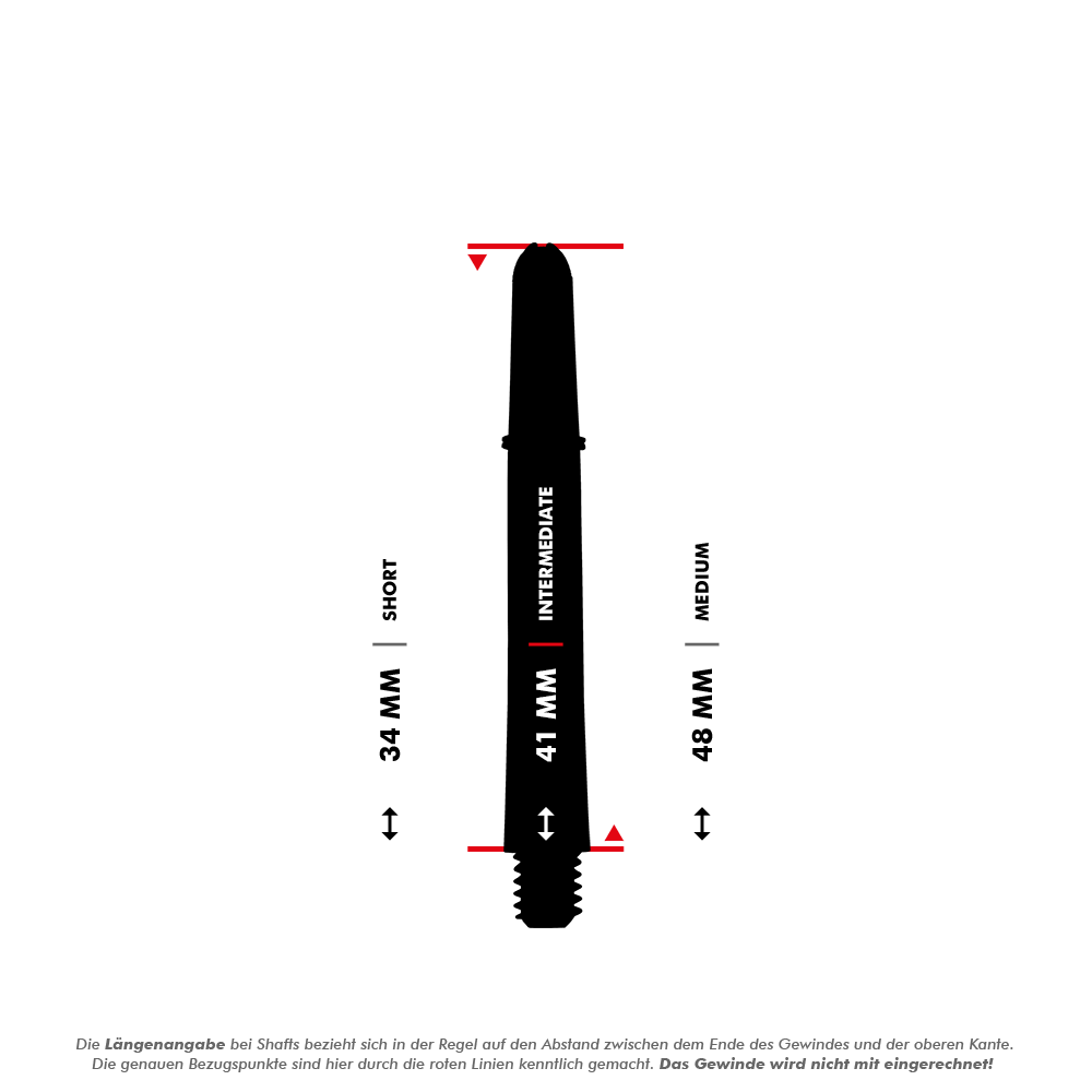 Varillas Target Pro Grip TAG - 3 juegos - Rojo Das Bild zeigt drei verschiedene Längen von Target Pro Grip Shafts: Short (34 mm), Intermediate (41 mm) und Medium (48 mm). Die roten Linien markieren die Messpunkte der Längenangabe, das Gewinde wird nicht mitgerechnet.