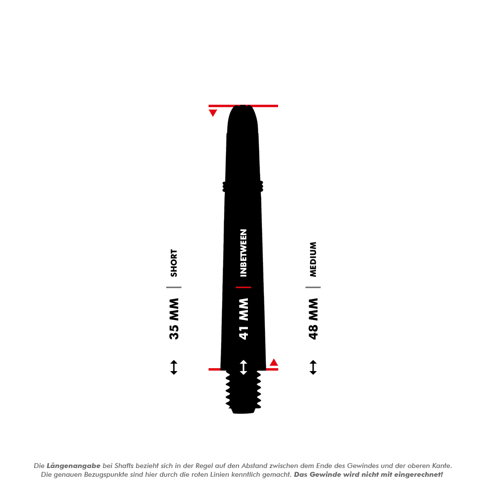 Flechas de carbono Shot Koi - Rojo Das Bild zeigt einen Dart-Schaft mit einer Länge von 41 mm, der als "Inbetween" bezeichnet wird. Die roten Linien markieren, dass die Längenangabe ohne das Gewinde gemessen wird.