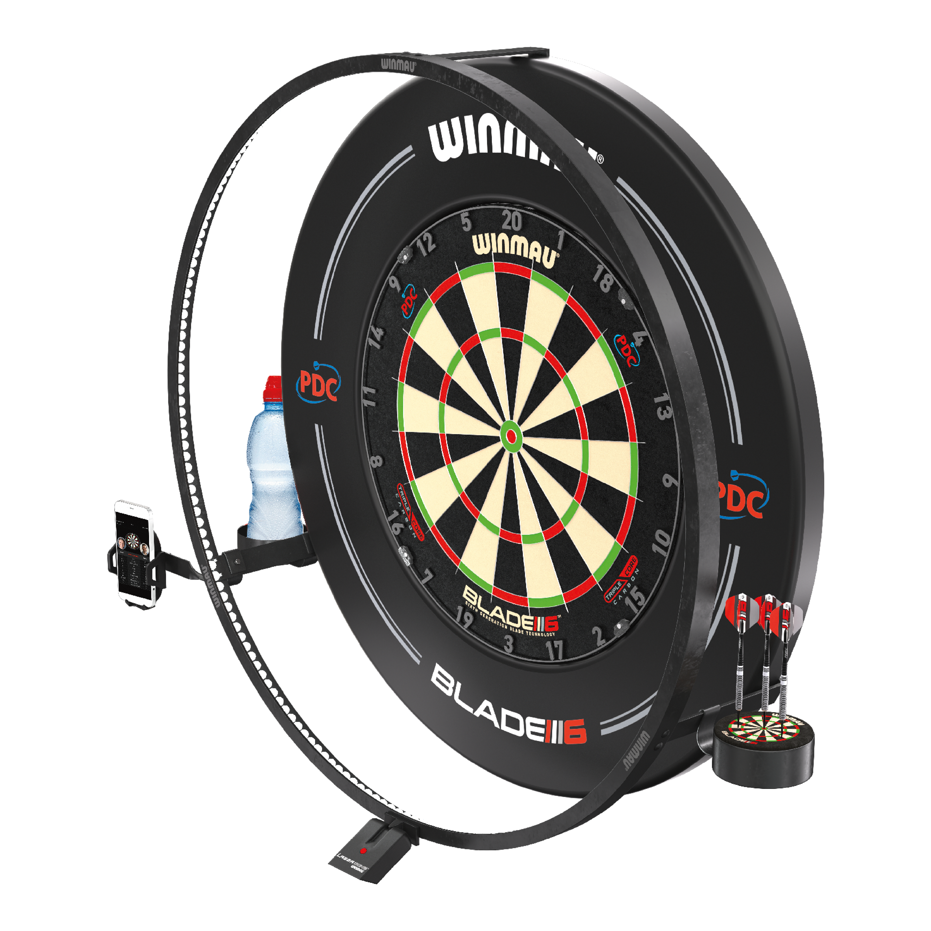Juego de accesorios de plasma Winmau Das Bild zeigt das Winmau Plasma Zubehör Set rund um eine Dartscheibe. Es enthält eine LED-Beleuchtung, Halterungen für ein Handy, eine Trinkflasche und Dartpfeile.