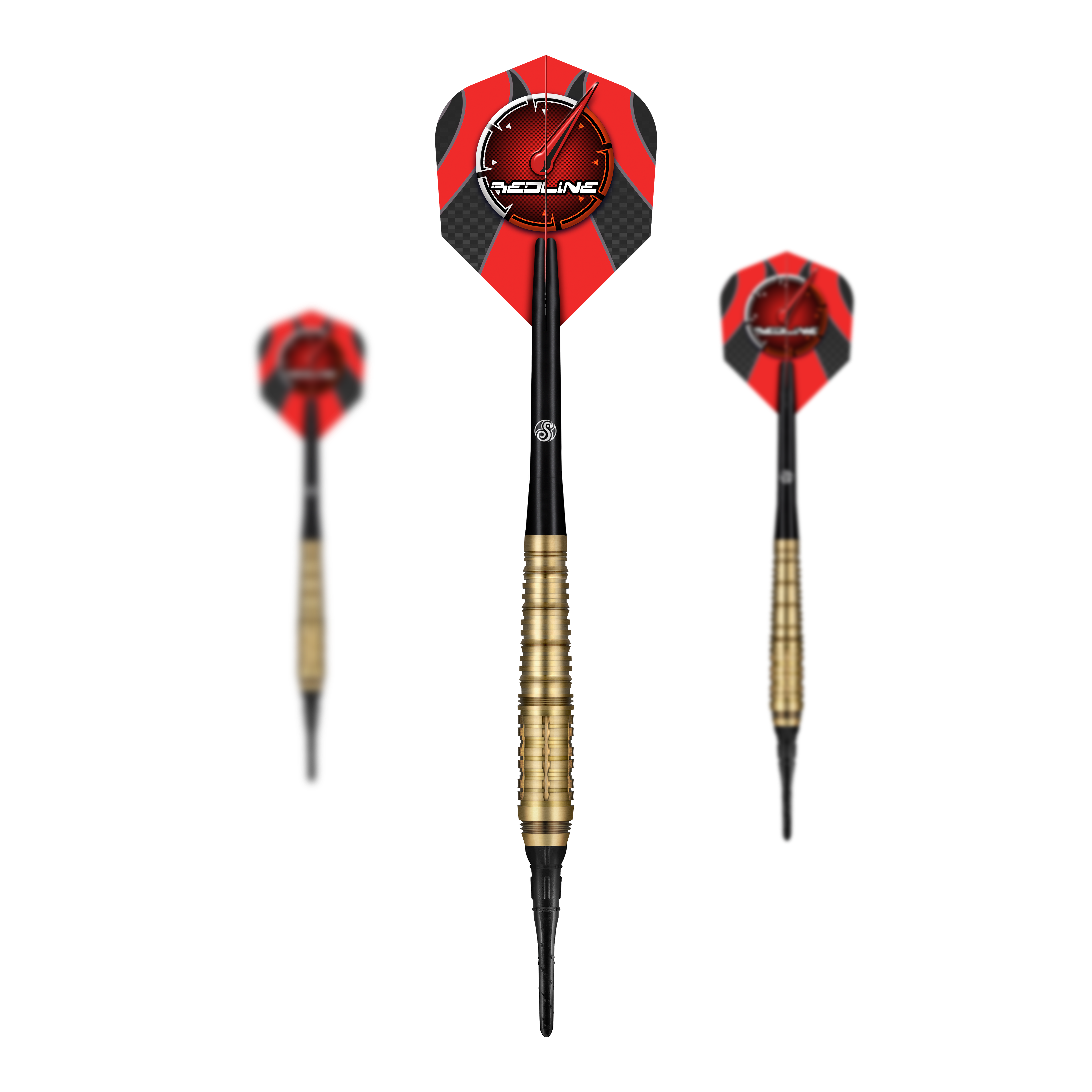 Dardos blandos Shot Redline Mach 1 - 20 g Das Bild zeigt drei Softdarts des Produkts „Shot Redline Mach 1“ mit einem Gewicht von 20g. Die Darts haben rote Flights mit schwarzem Muster und goldenen Griffen.