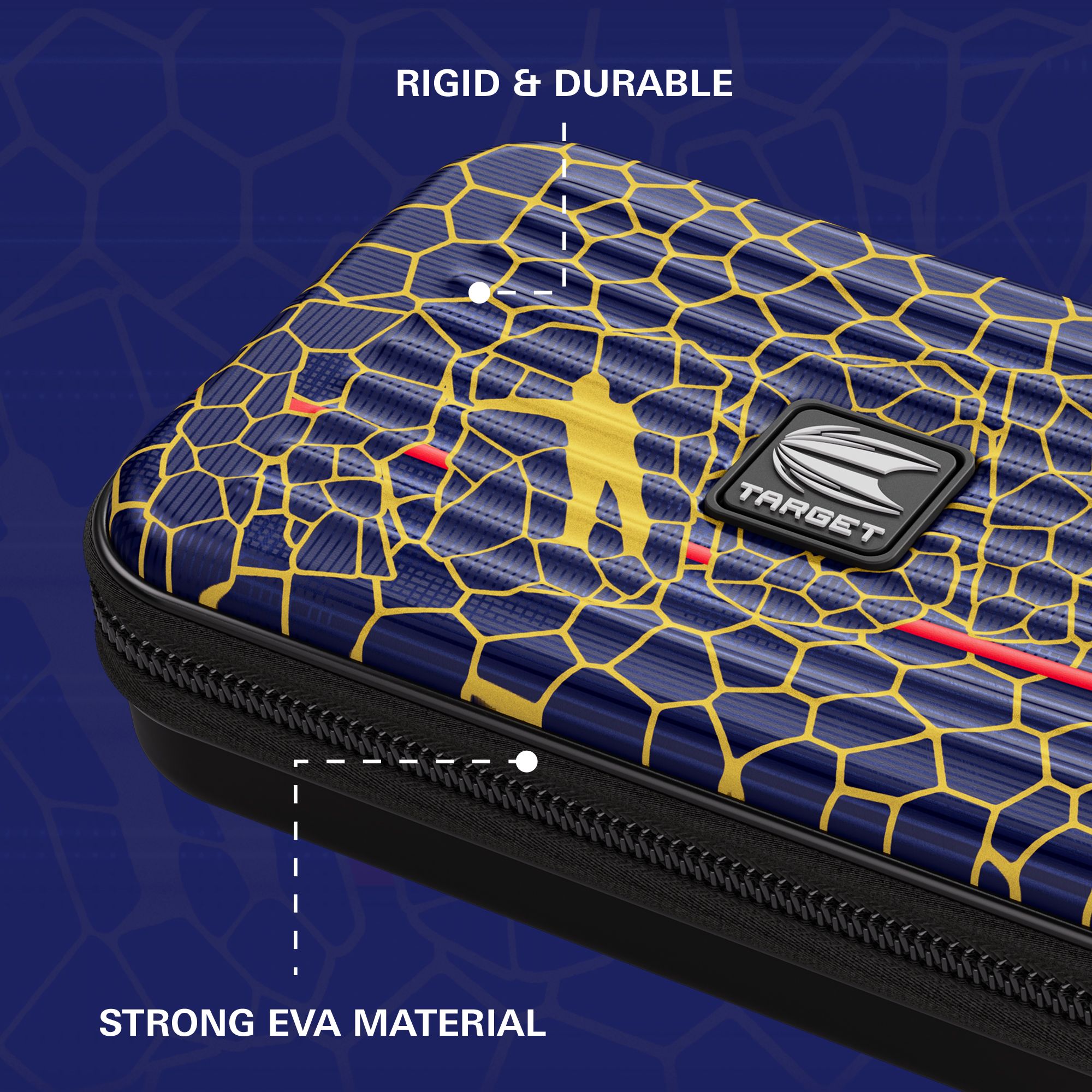 Estuche para dardos Target Takoma Josh Rock XL Das Bild zeigt das Target Takoma Josh Rock XL Dartcase mit einem blauen und gelben Wabendesign. Es wird auf die robuste und langlebige Struktur sowie das starke EVA-Material hingewiesen.