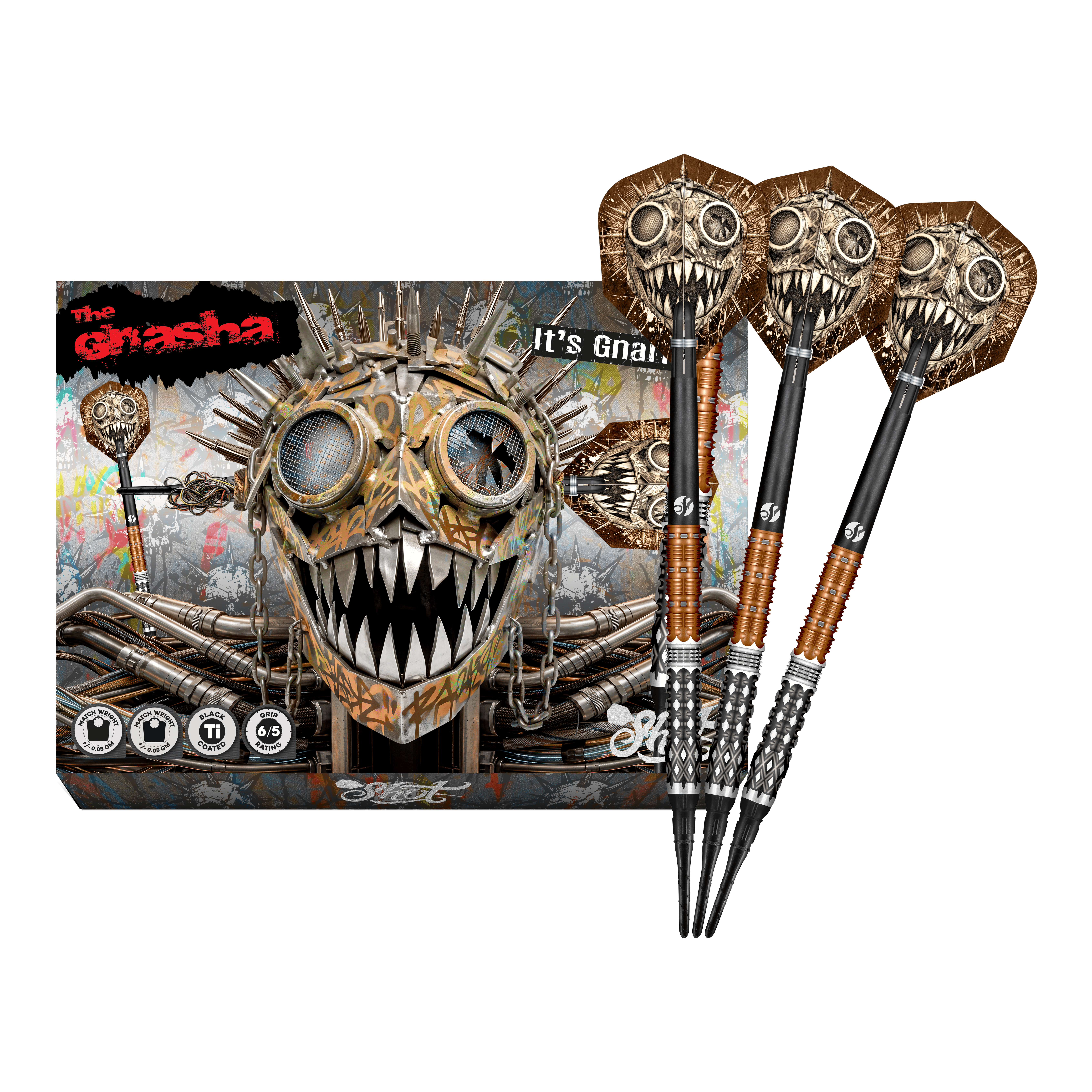 Dardos blandos Shot Gnarly Gnasha - 20 g Das Foto zeigt die vollständigen Shot Gnarly Gnasha Softdarts - 20g. Diese Softdarts zeichnen sich durch ein modernes Design aus.