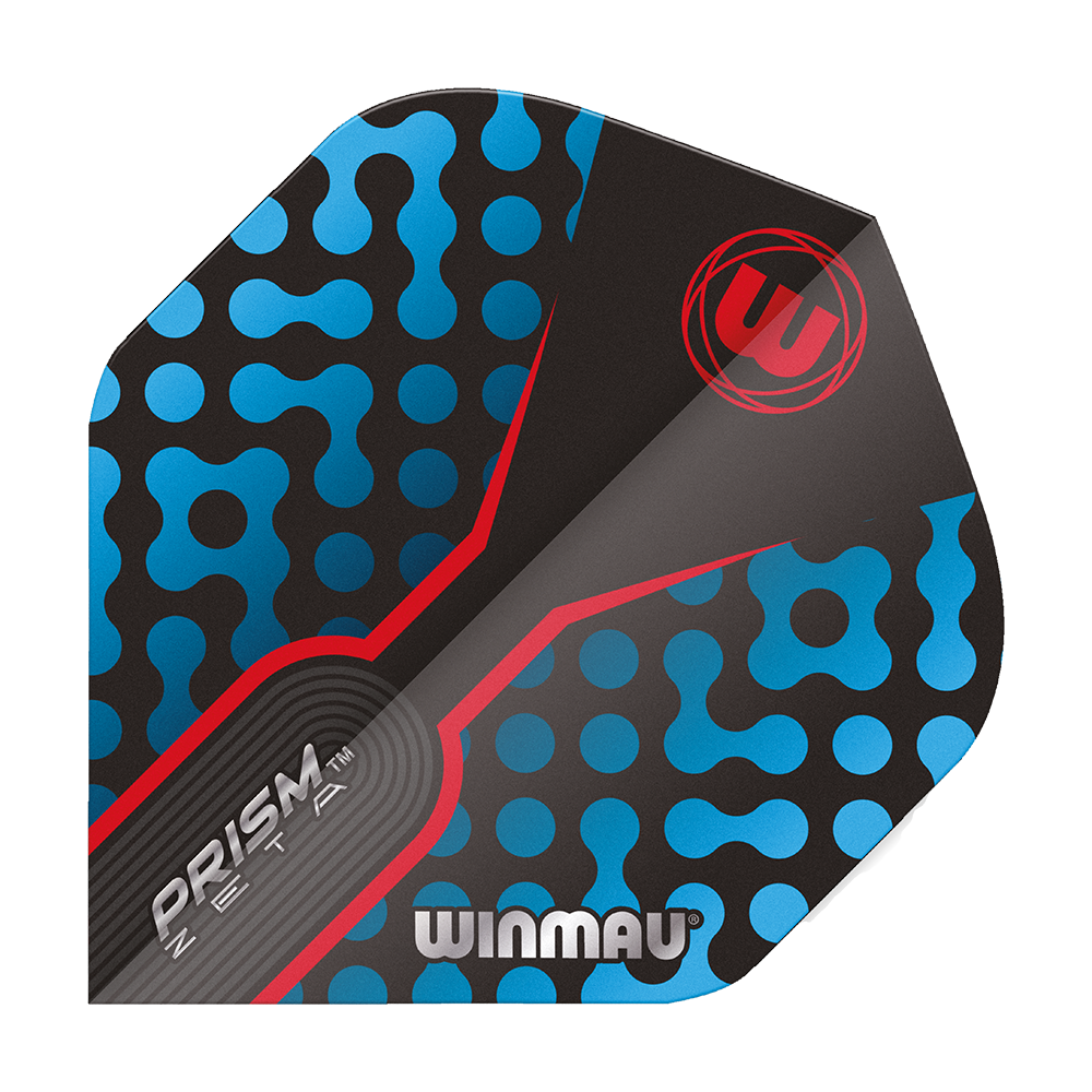 Dies ist ein Winmau Prism Zeta BlueRed Standard Flight für Dartpfeile. Das Design zeigt blaue Muster auf schwarzem Hintergrund mit roten Akzenten und dem Winmau-Logo.