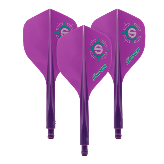 Das Bild zeigt drei lila Dartflights mit dem Aufdruck "Sniper" und einem Zielsymbol. Es handelt sich um das Produkt "Condor Axe 120 Connor Scutt Sniper Purple Flight-System - Standard".