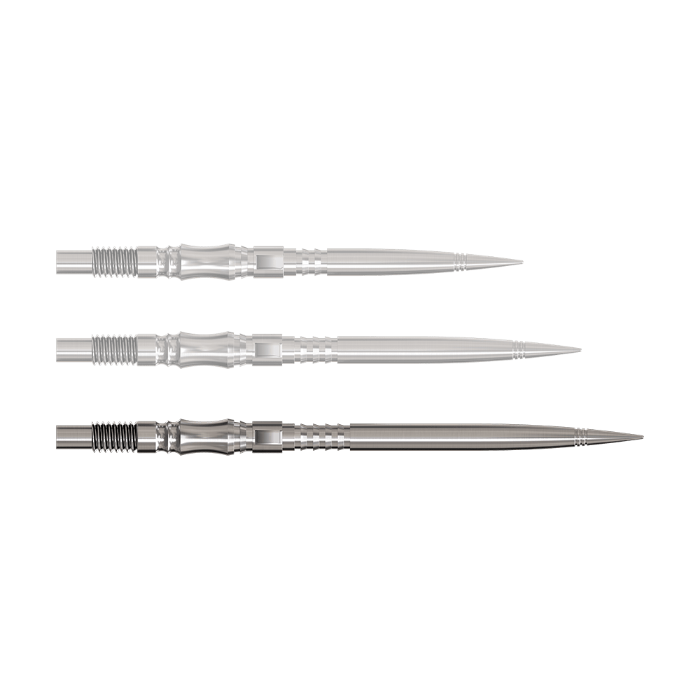 Axis Silver Elite Series Dartspitzen in 40mm sind zu sehen. Sie haben ein silberfarbenes Finish.