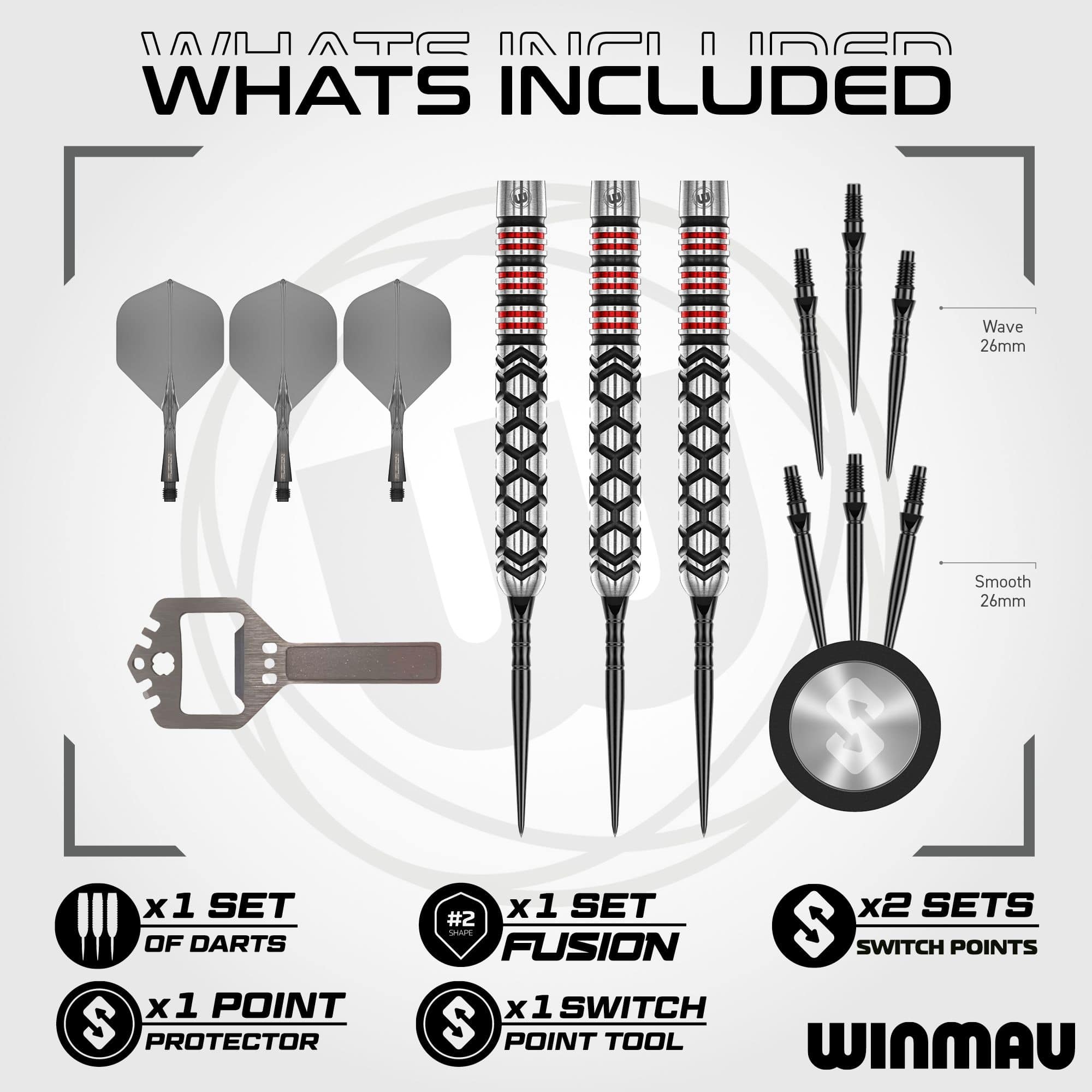 Punta de conmutación paralela Winmau Fornax Steeldarts Das Produkt ist die Winmau Fornax Parallel Switch Point Steeldarts. Es handelt sich um parallel geformte Steeldarts mit Wechselspitze.