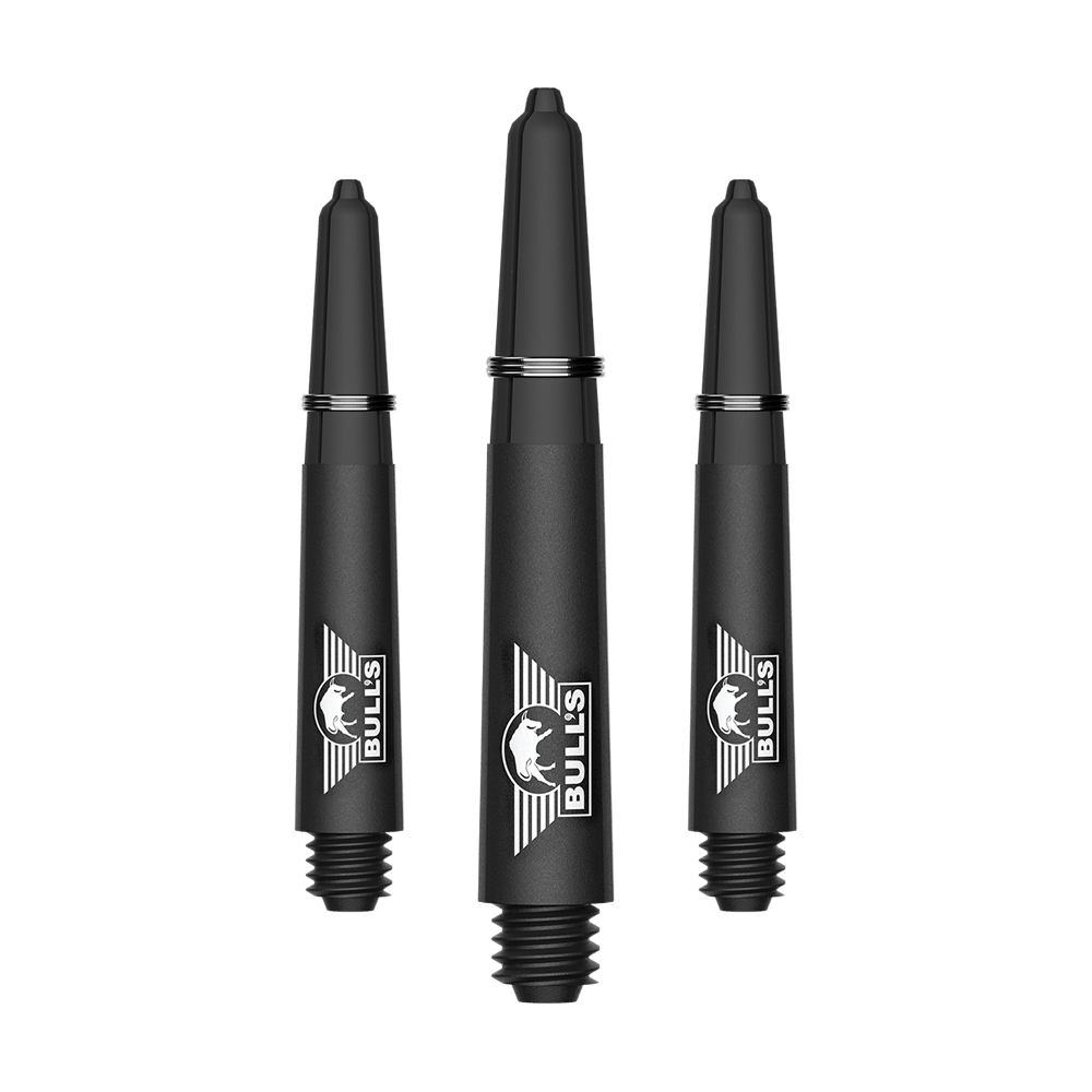 Ejes de carbono Bulls NL Capo - Negro Ein Bild mit dem Dateinamen BU55340_BullsNL_Capo_Carbon_Shafts_Schwarz_Short_34mm_1Set. Es handelt sich vermutlich um ein Set aus kurzen schwarzen Carbon-Shafts für Darts.