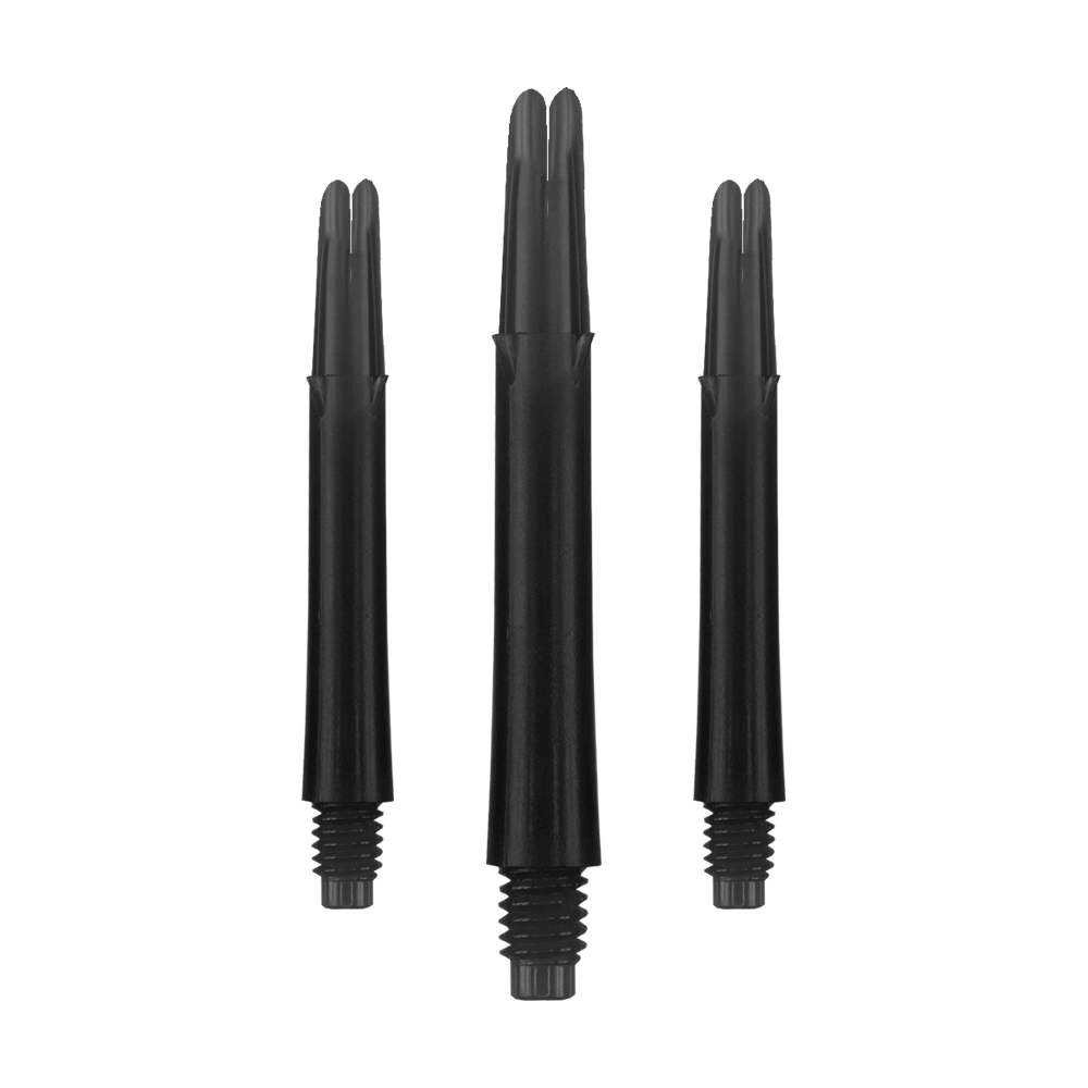 Ejes en L estilo L bloqueados rectos - Negro Auf dem Bild sind drei schwarze, gerade Dartshafts ohne Kappen zu sehen. Sie haben ein Gewinde am unteren Ende und sind jeweils 39 mm lang.