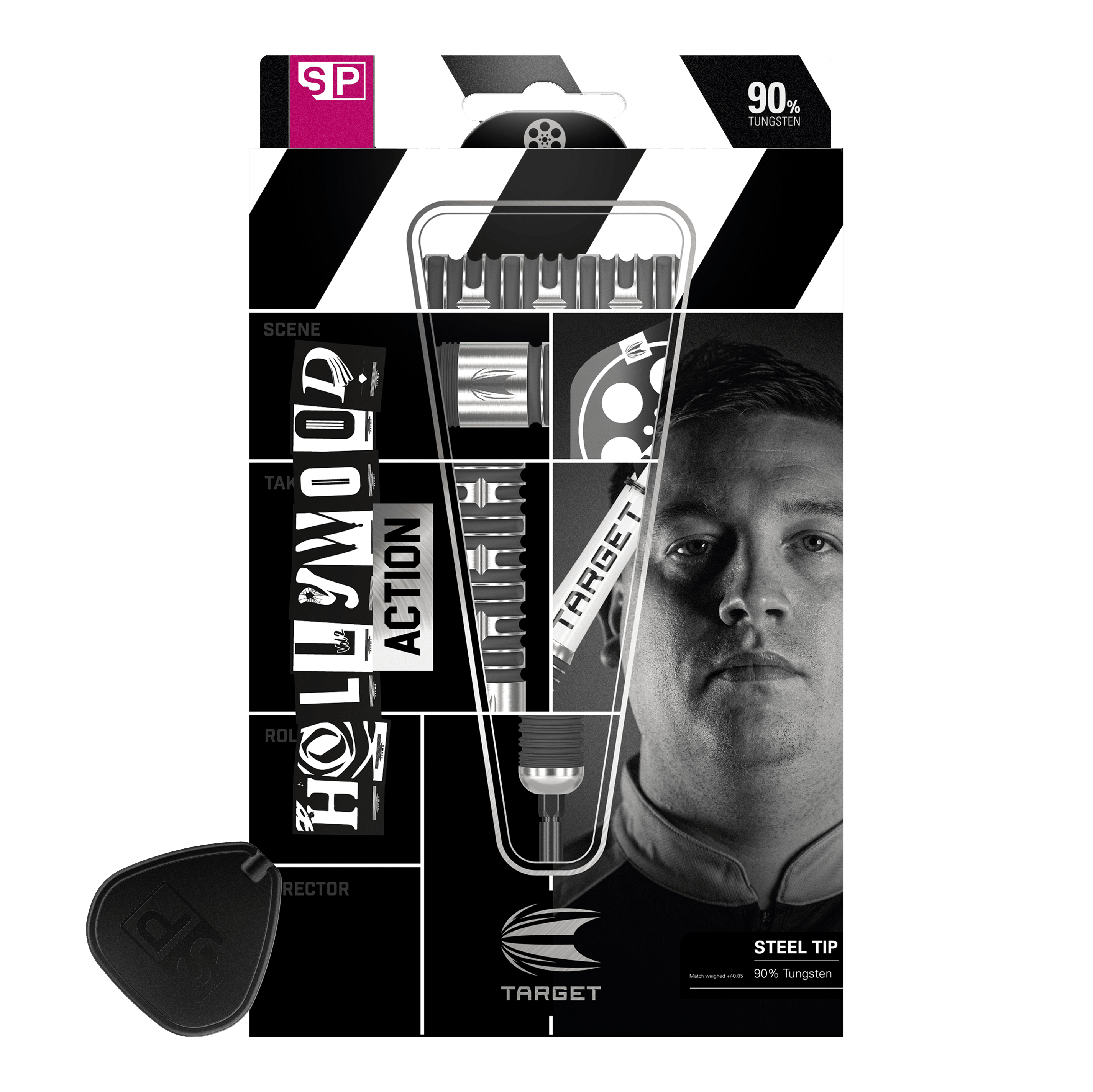 Dardos de acero Target Chris Dobey Hollywood Action Swiss Point Die Abbildung zeigt die Verpackung der "Target Chris Dobey Hollywood Action Swiss Point Steeldarts". Auf der Verpackung sind die Darts, der Produktname und ein Porträt einer Person zu sehen.