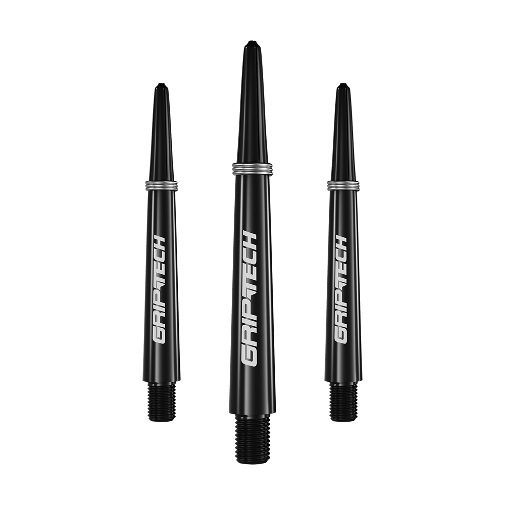 Das Bild zeigt drei schwarze Dart-Schäfte mit der Aufschrift "GRIPTECH" in weißer Farbe. Sie sind schlank geformt und haben silberne Ringe am oberen Ende.