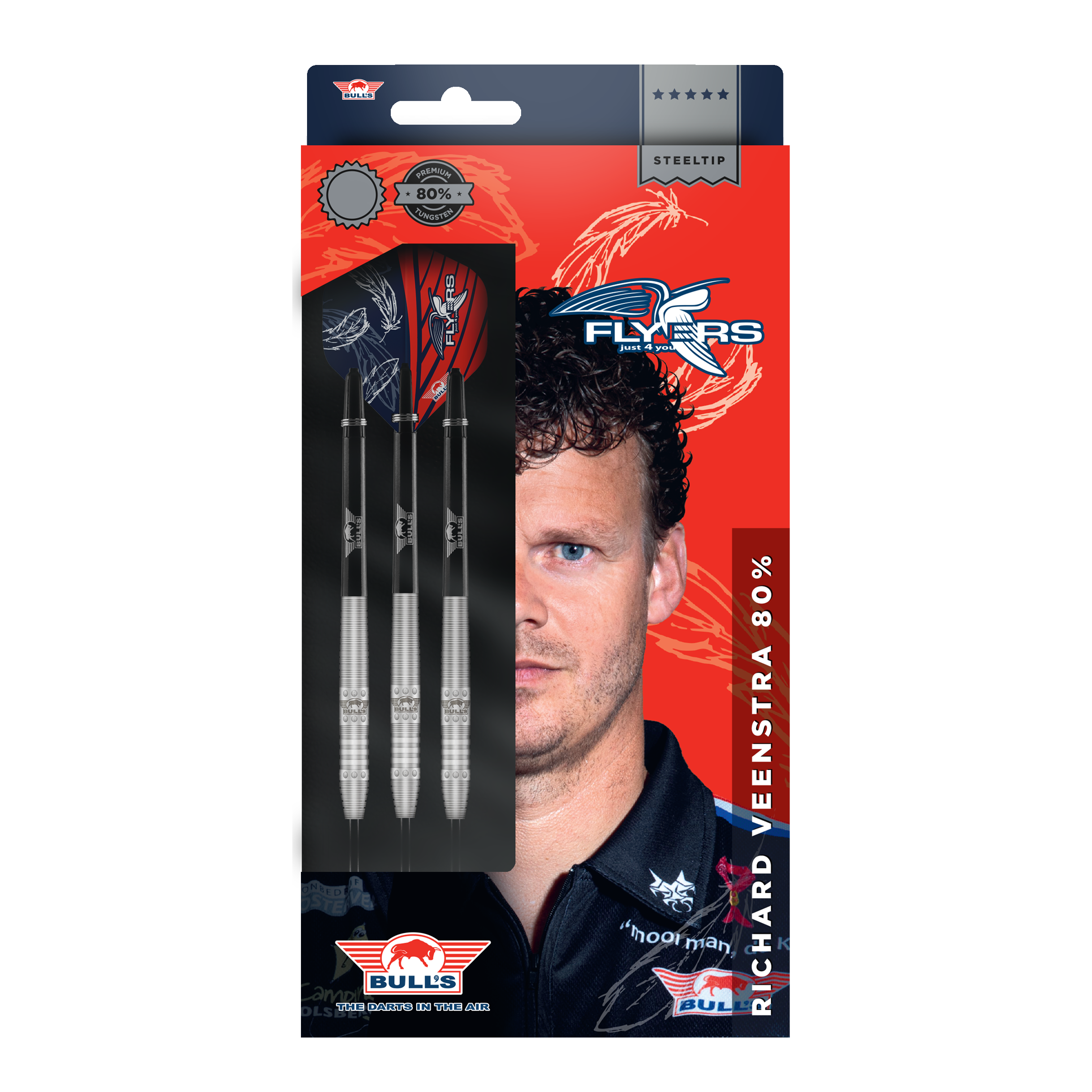 Bulls NL Richard Veenstra 80 dardos de acero - 23g Die Verpackung zeigt die "Bulls NL Richard Veenstra 80 Steeldarts - 23g". Auf der Vorderseite sind drei Darts und das Porträt eines Mannes abgebildet.