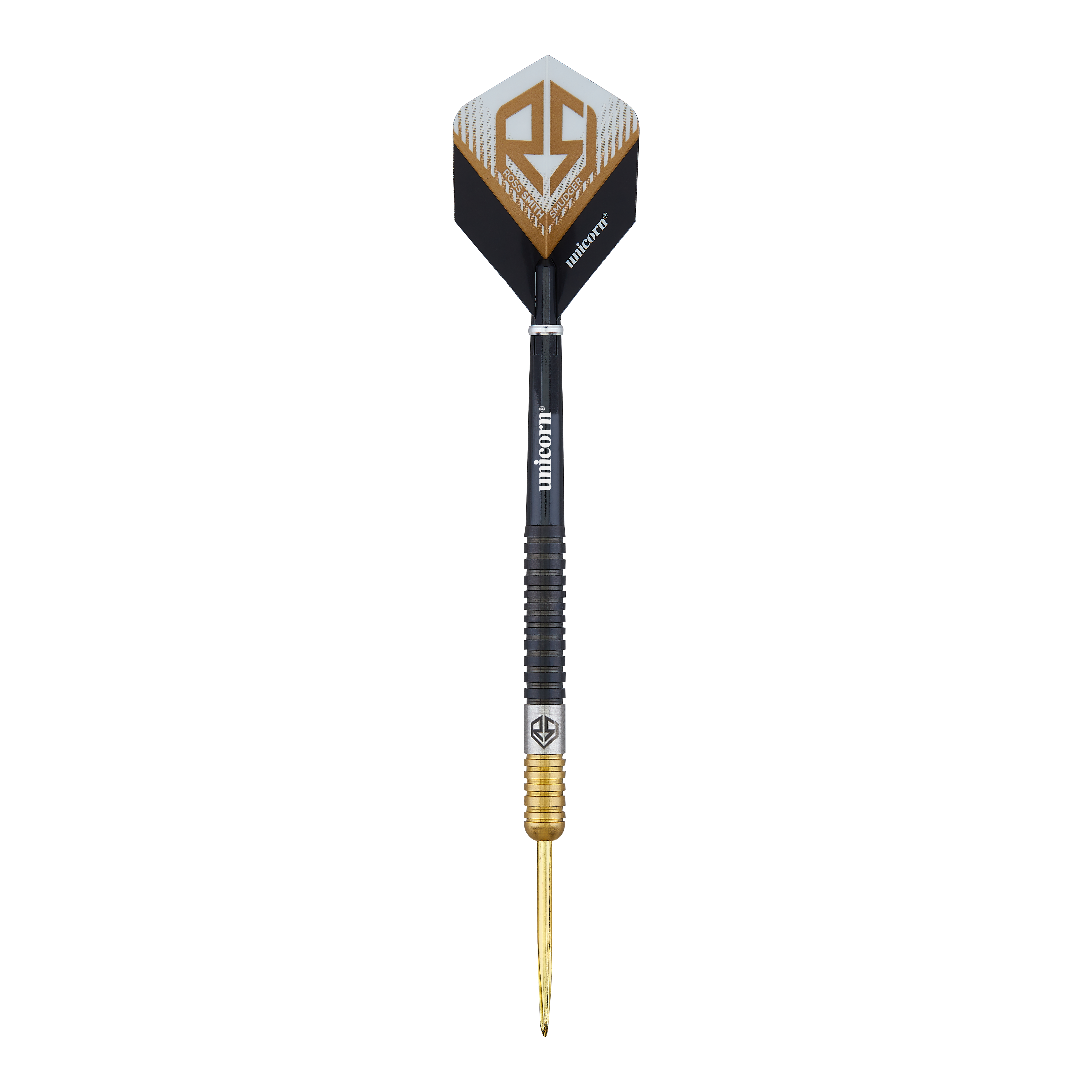 Dardos de acero bicolor Unicorn Ross Smith Das Bild zeigt einen Steeldart namens "Unicorn Ross Smith Two-Tone". Der Dartpfeil hat ein schwarz-goldenes Design und das Unicorn-Logo auf den Flights.
