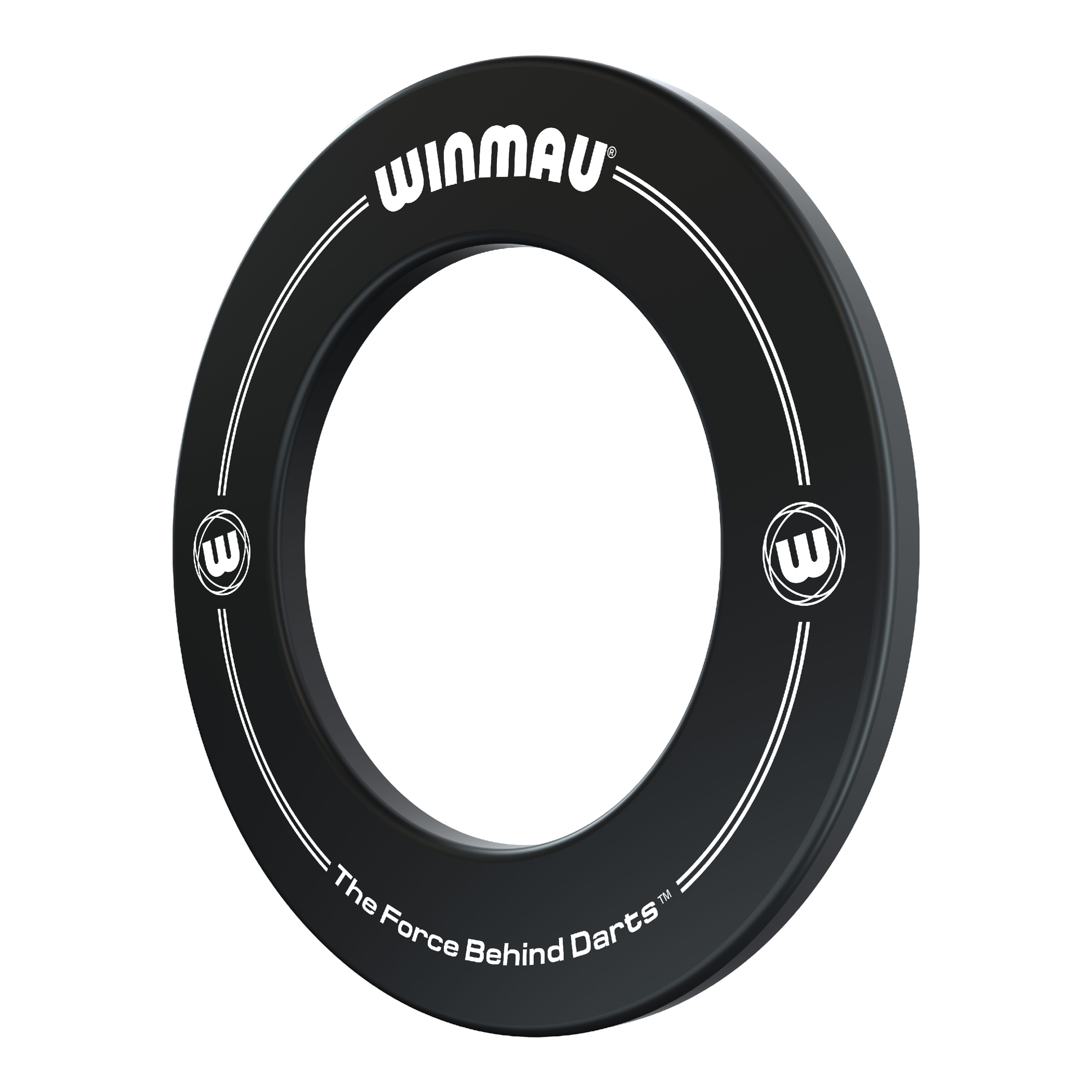 Winmau Dartboard Surround 2022 Dies ist ein schwarzer Dartboard-Surround der Marke Winmau. Auf dem Ring steht "The Force Behind Darts" sowie das Winmau-Logo.