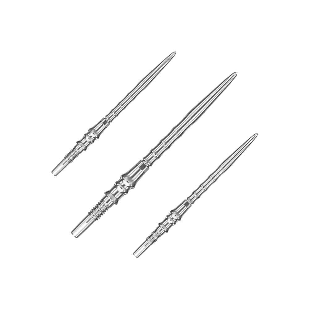 Puntas de dardo Target Japan Premium Swiss Point - Plateadas Das Bild zeigt ein Set silberner SwissPoint-Dartspitzen mit 35 mm Länge. Diese Dartspitzen stammen aus der Target Japan Premium Kollektion.