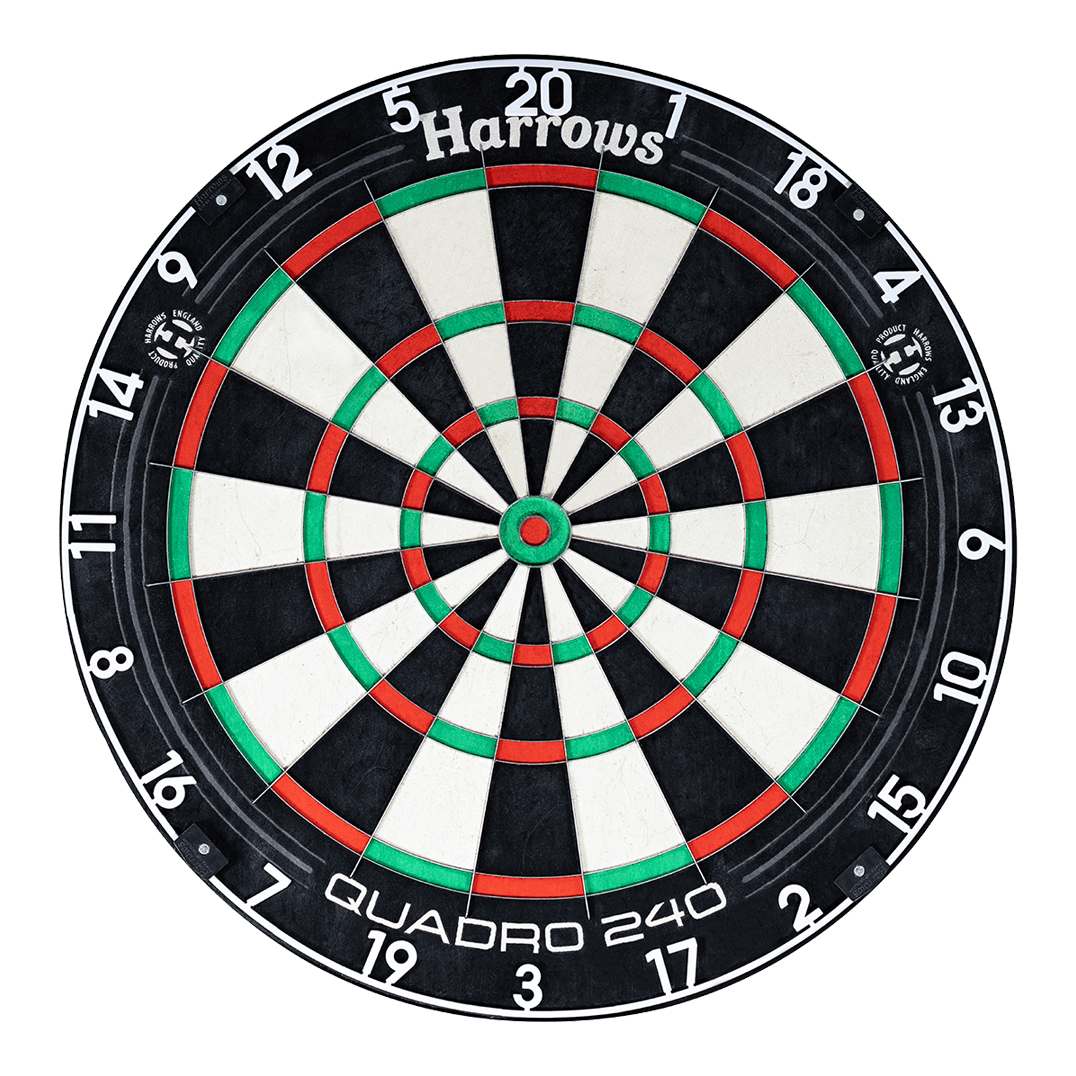 Diana de acero Harrows Quadro 240 Harrows Quadro 240 Steeldartboard ist auf dem Bild zu sehen. Die Segmente und Zahlen sind klar abgebildet.