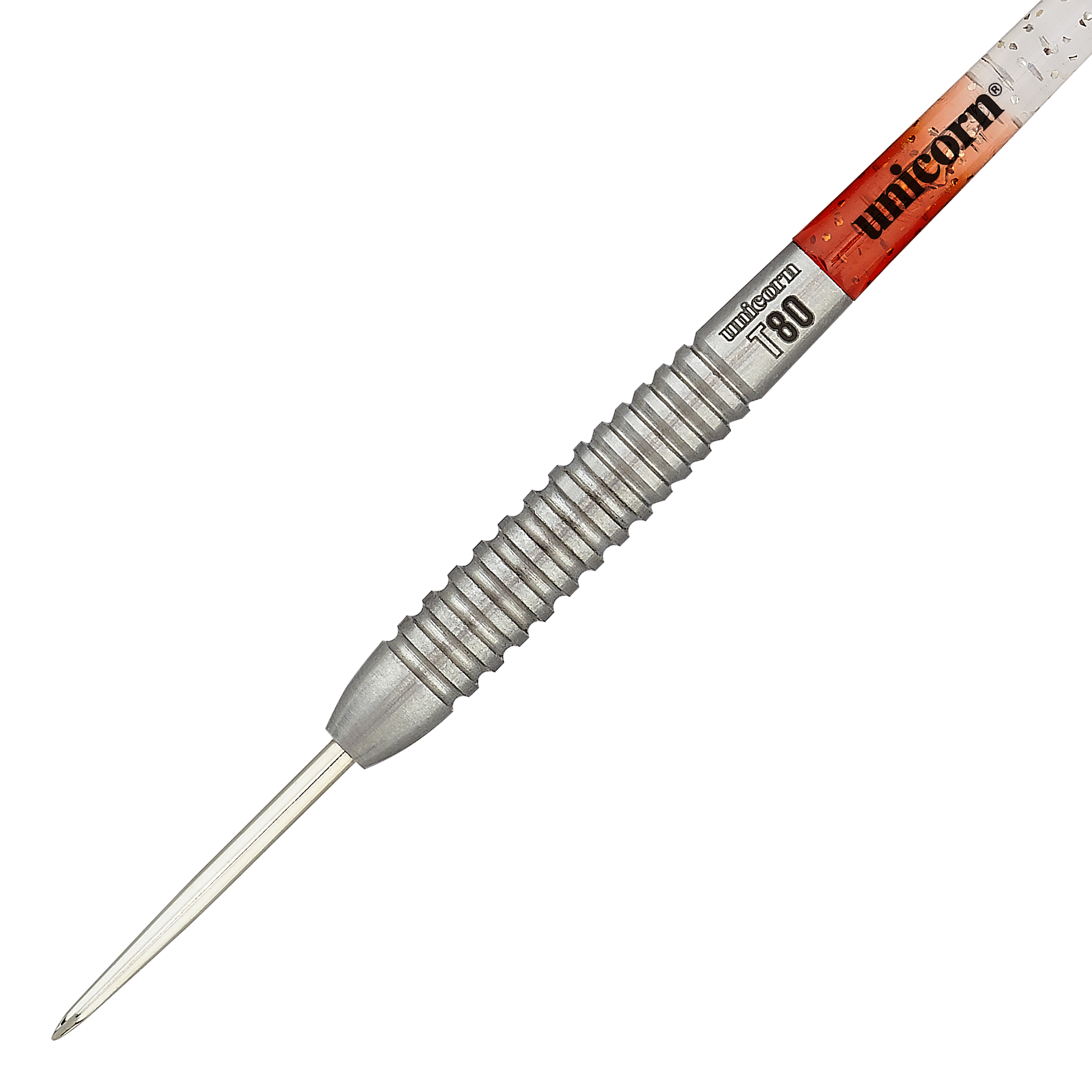 Dardos de acero Unicorn Core XL Striker Style 5 Das Bild zeigt einen Unicorn Core XL Striker Style 5 Steeldart. Der Dartpfeil hat einen silbernen, geriffelten Griff und eine spitze Metallspitze.