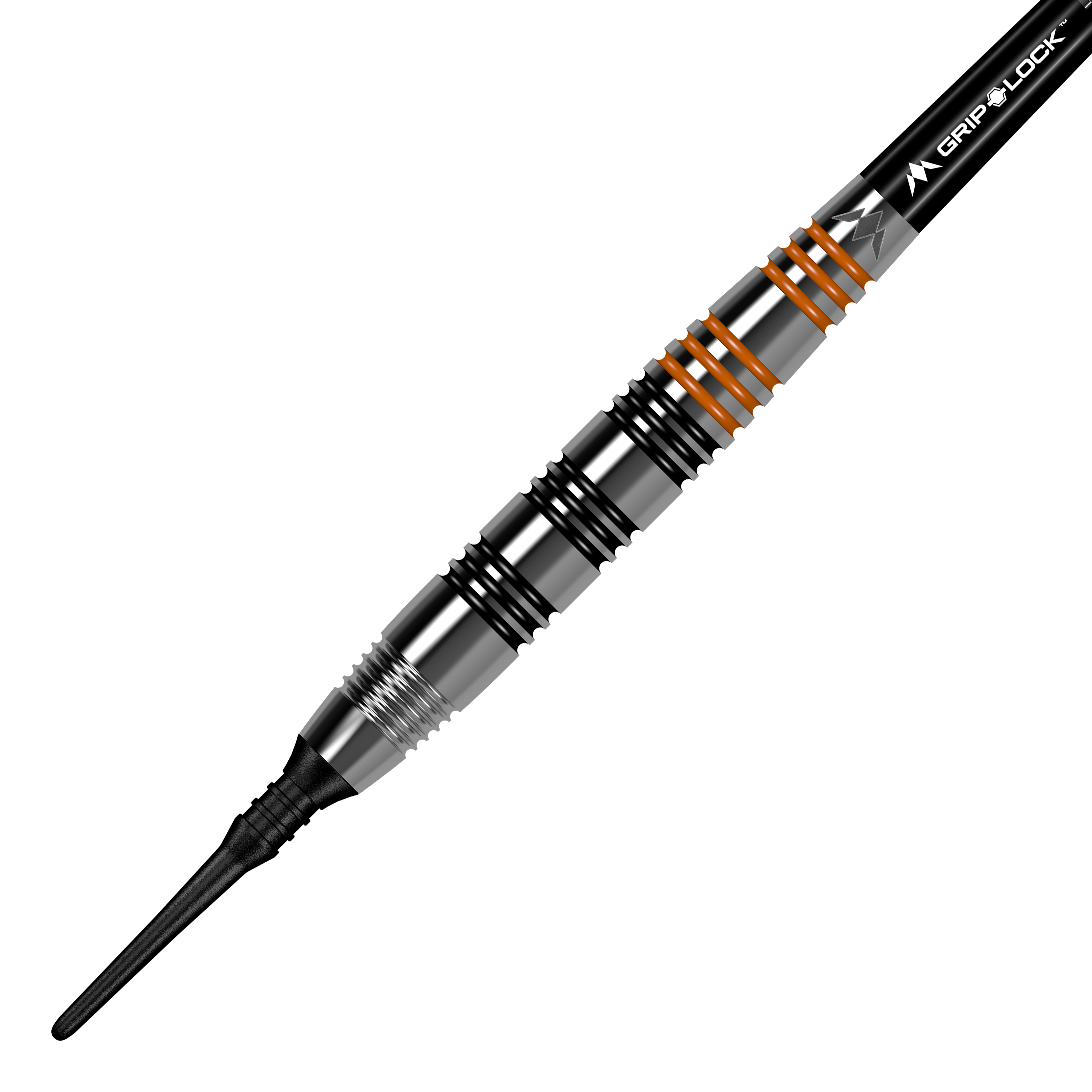 Dardos blandos de latón Mission Javan - 18 g Das Bild zeigt den "Mission Javan Brass Softdart" mit einem Gewicht von 18g. Der Dartpfeil ist silbern mit schwarzen und orangefarbenen Ringen am Griff.