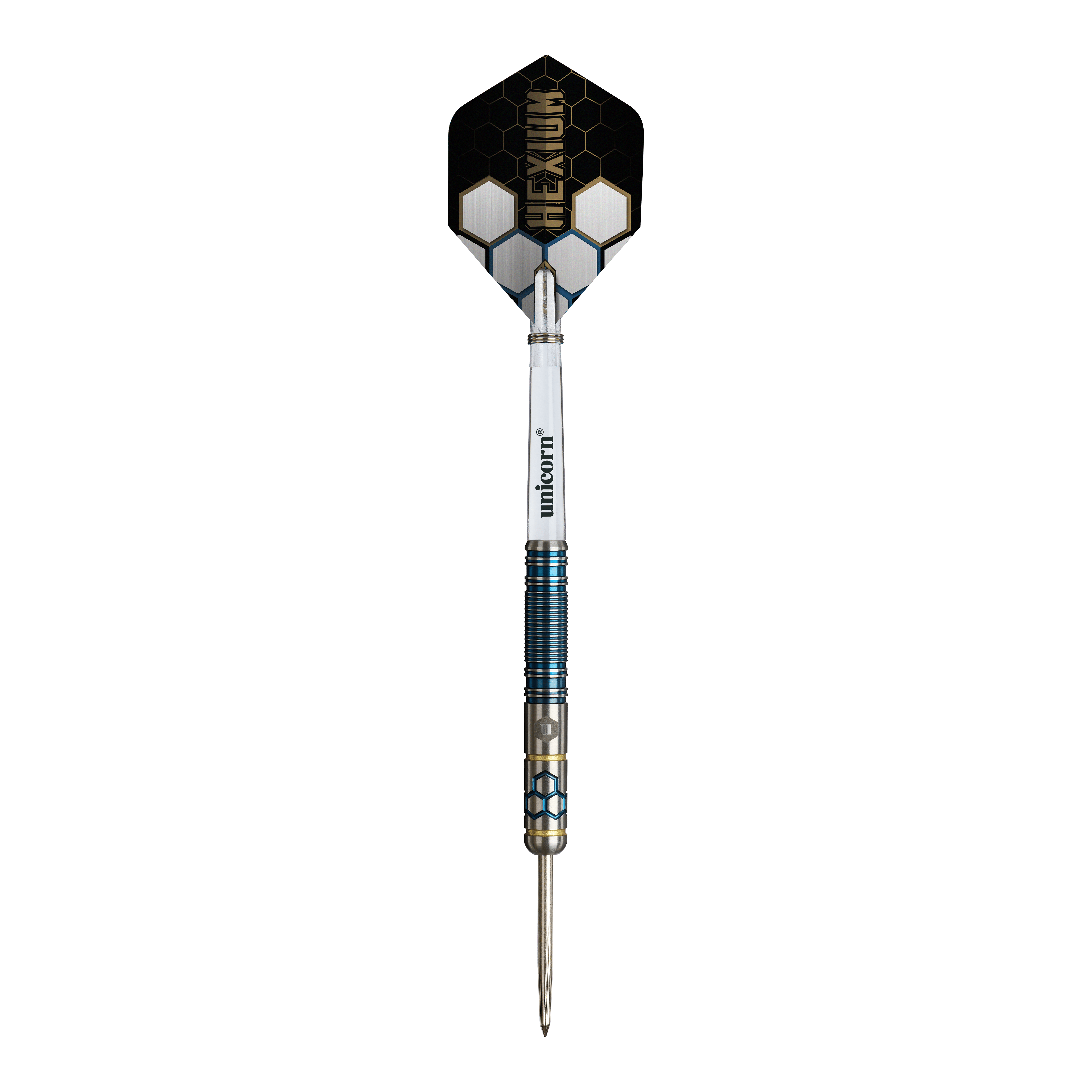 Abgebildet sind die Unicorn Hexium Style 02 Blue & Gold Steeldarts. Die Farbkombination aus Blau und Gold ist auffällig.