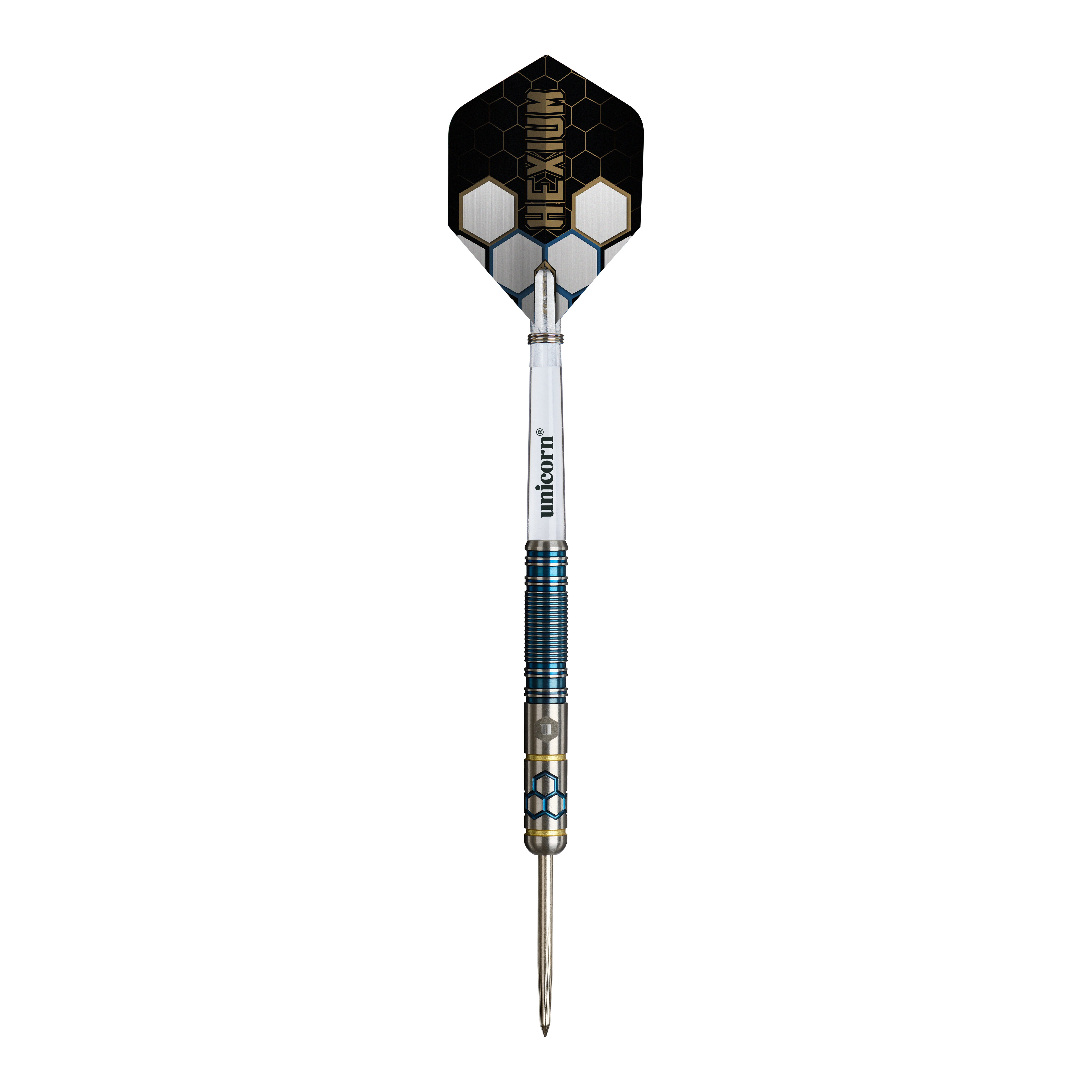 Dardos de acero Unicorn Hexium Style 02 azules y dorados Abgebildet sind die Unicorn Hexium Style 02 Blue & Gold Steeldarts. Die Farbkombination aus Blau und Gold ist auffällig.