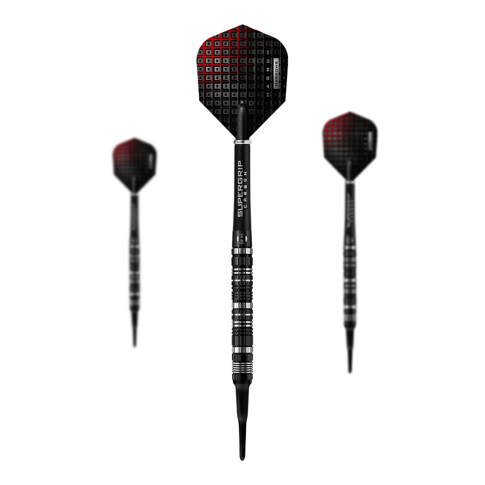 dardos blandos Harrows Magnum Reloaded Das Bild zeigt drei Harrows Magnum Reloaded Softdarts. Die Darts sind schwarz mit roten Akzenten und haben einen modernen, sportlichen Look.