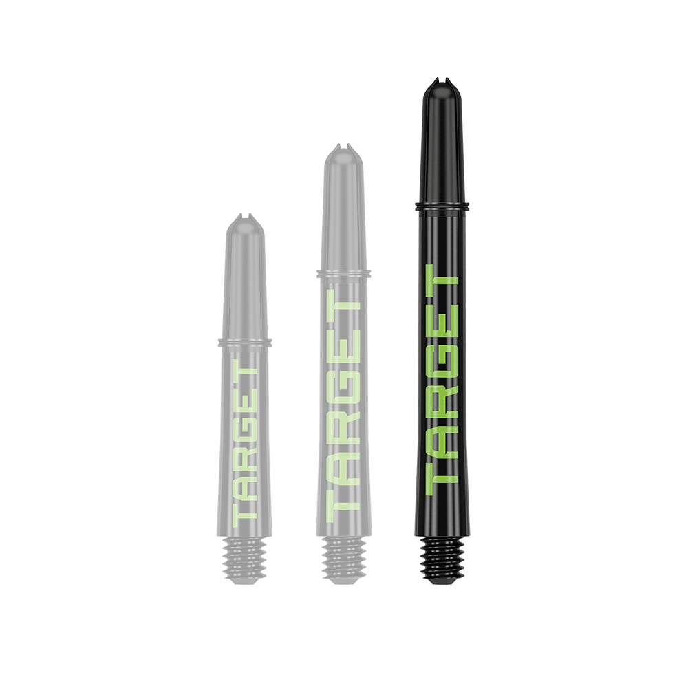 Varillas Target Pro Grip TAG - 3 juegos - Negro Verde Ein Dart-Schaft mit auffällig langem Profil ist zu sehen. Die Farbgebung und Oberfläche sind gut erkennbar.