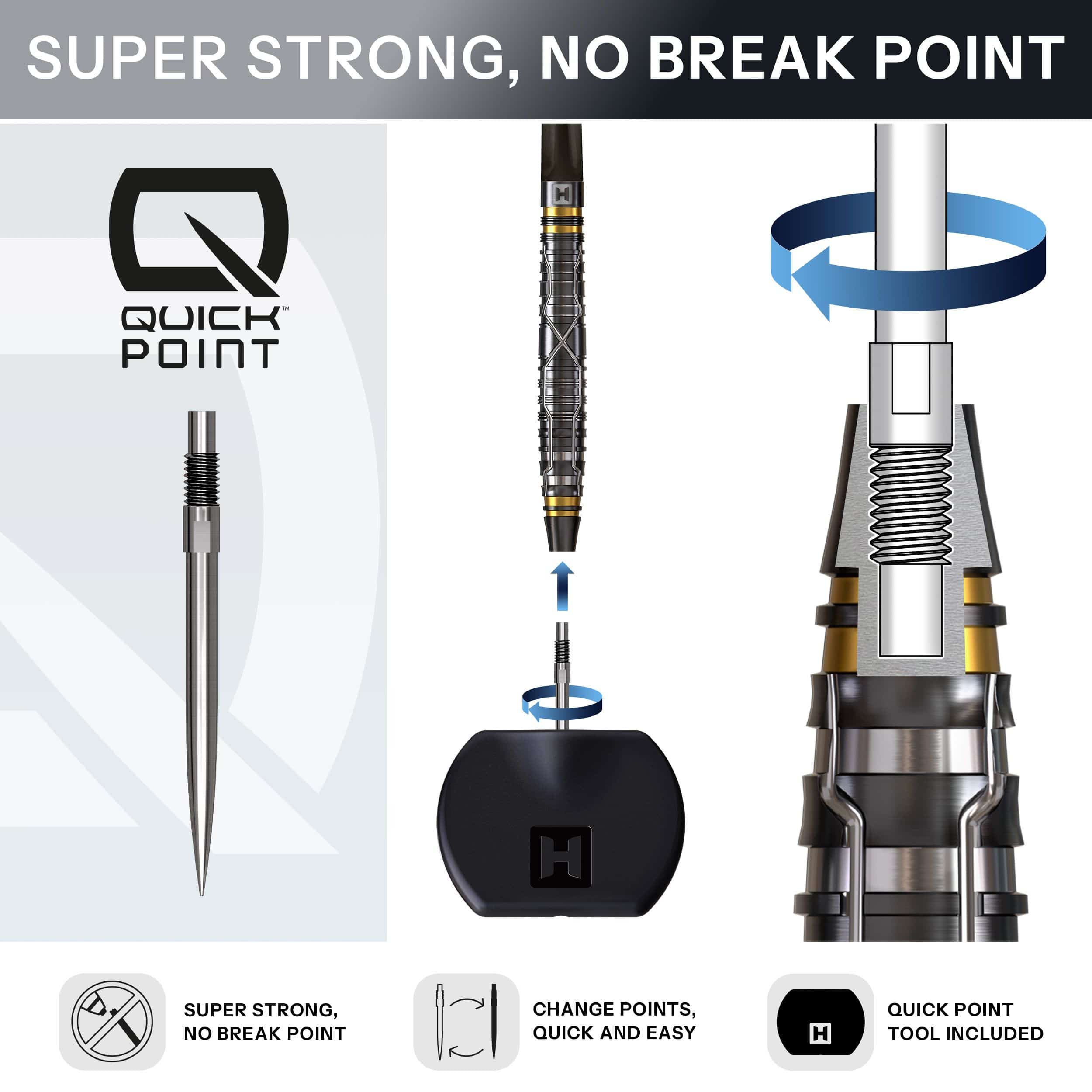 Harrows NX Luxe Tapered Quick Point Steeldarts Gezeigt wird ein Steeldartpfeil mit schlankem, strukturiertem Griff. Der Pfeil ist seitlich angeordnet.