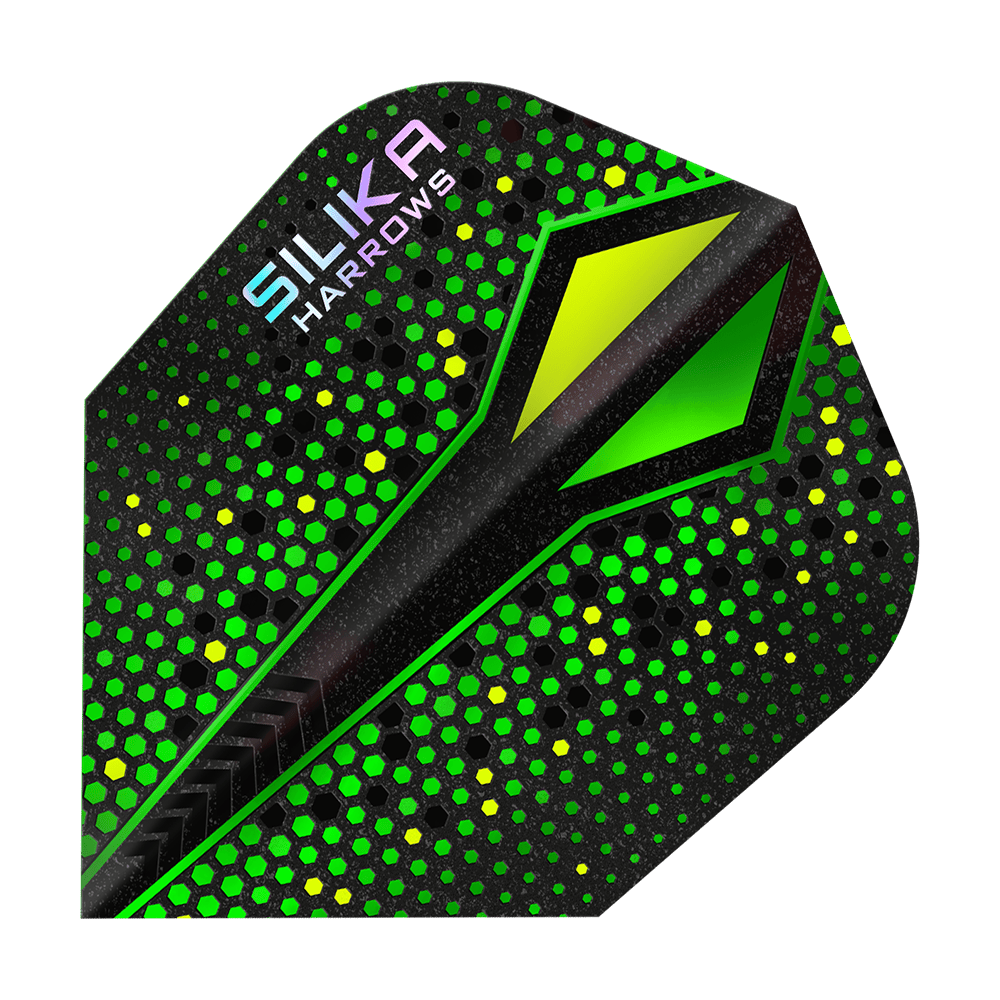 Plumas Harrows Silika Colorshift con revestimiento cristalino resistente Green-X No6 Abgebildet ist ein Flight der Harrows Silika Colourshift Tough Crystalline Coating Green-X No6 Flights. Es sind verschiedene Designelemente zu erkennen.