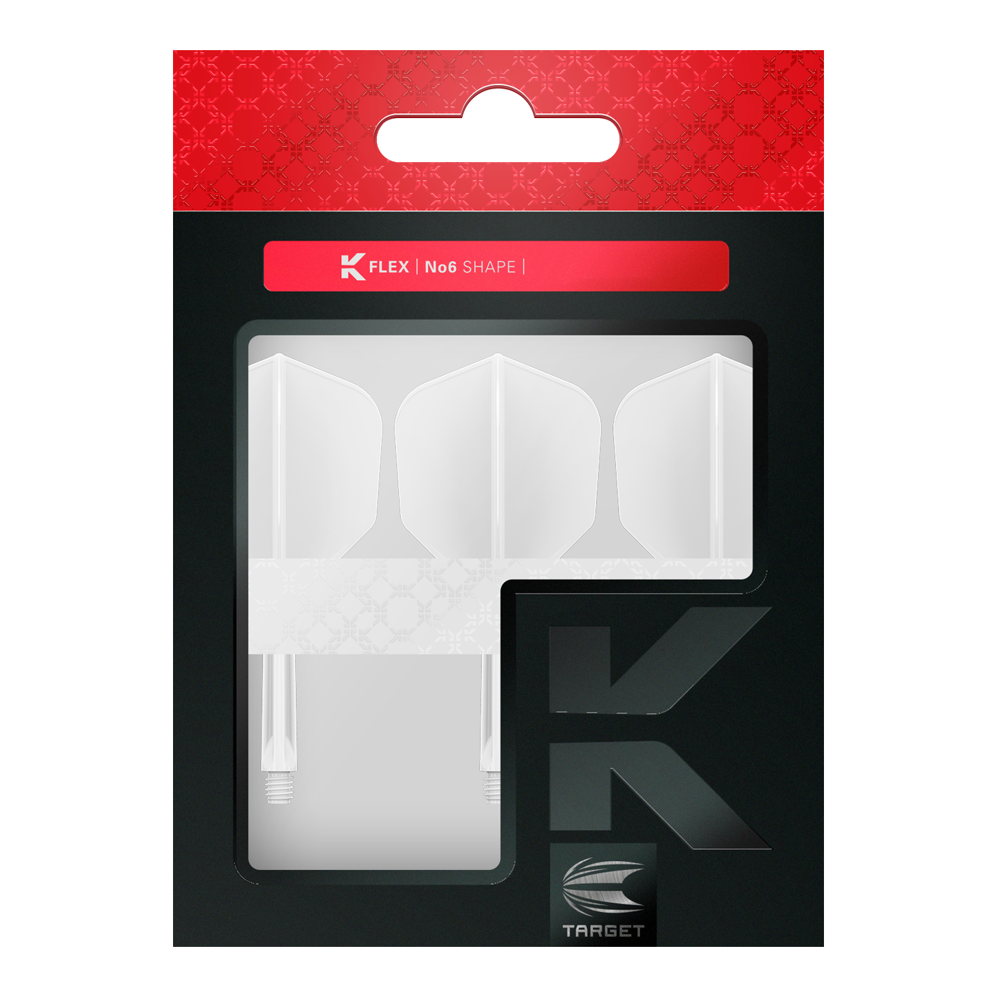 Sistema de vuelo Target K-Flex No6 - Blanco Die Abbildung zeigt eine Packung mit weißen Dartflights und -shafts der Marke Target. Die Verpackung ist in Schwarz und Rot gehalten und trägt die Aufschrift "K FLEX | No6 SHAPE".