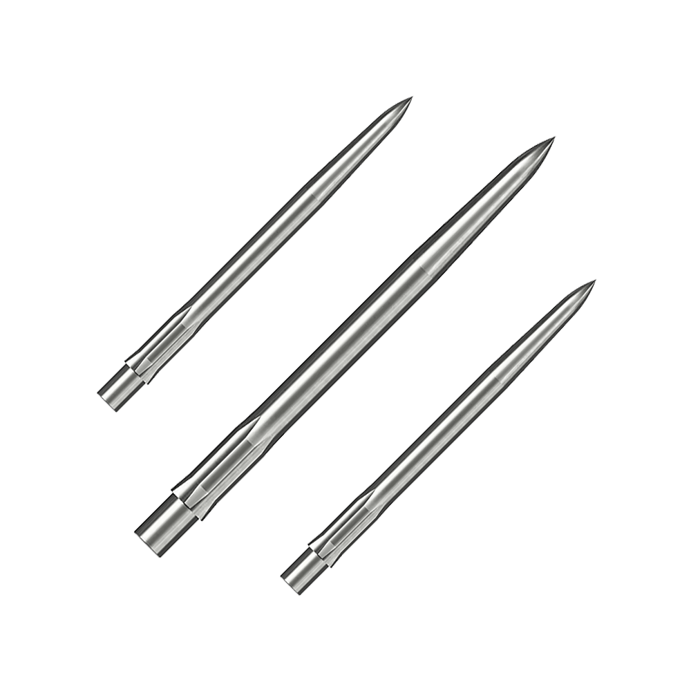 Puntas de dardos Caliburn System de acero - Lisas - Plateadas Auf dem Bild sind drei silberne, glatte Stahlspitzen für Dartpfeile zu sehen. Sie sind ordentlich nebeneinander angeordnet und haben eine Länge von 32 mm.