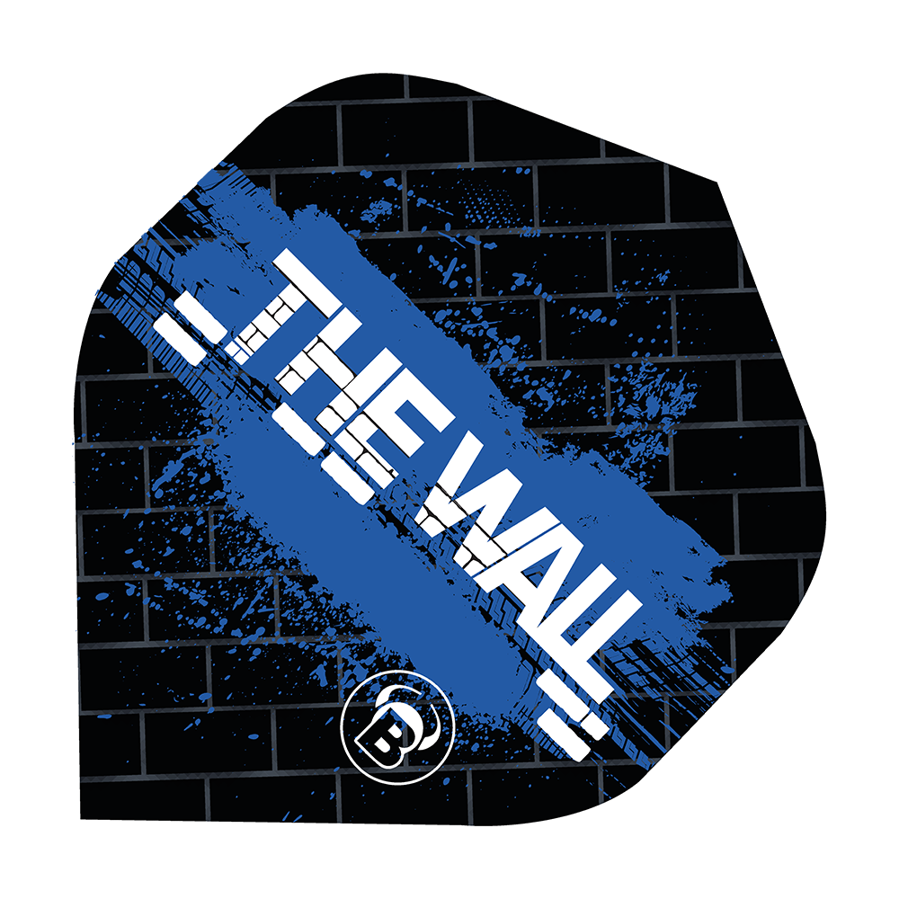 Vuelos estándar Bulls B-Star Martin Schindler Black Blue No2 Das Bild zeigt ein Dartflight im schwarzen und blauen Design mit der Aufschrift "THE WALL". Im Hintergrund ist ein Ziegelmuster zu sehen, und unten befindet sich ein rundes Logo mit einem "B".