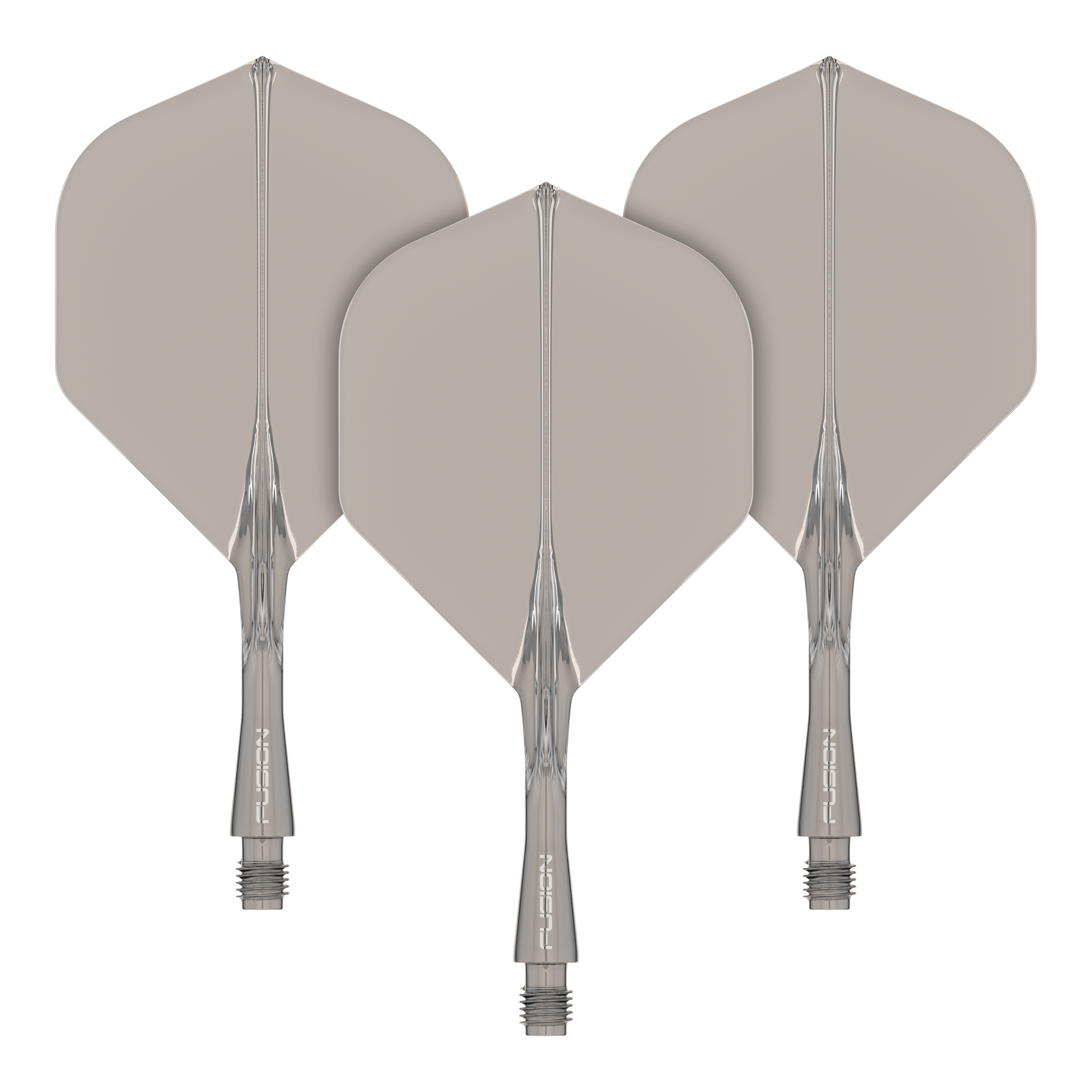 Sistema de eje de vuelo Winmau Fusion estándar Smokey Das Bild zeigt drei graue Dart-Flights mit transparenten Schäften. Sie sind ordentlich nebeneinander angeordnet und haben eine standardisierte Pfeilform.