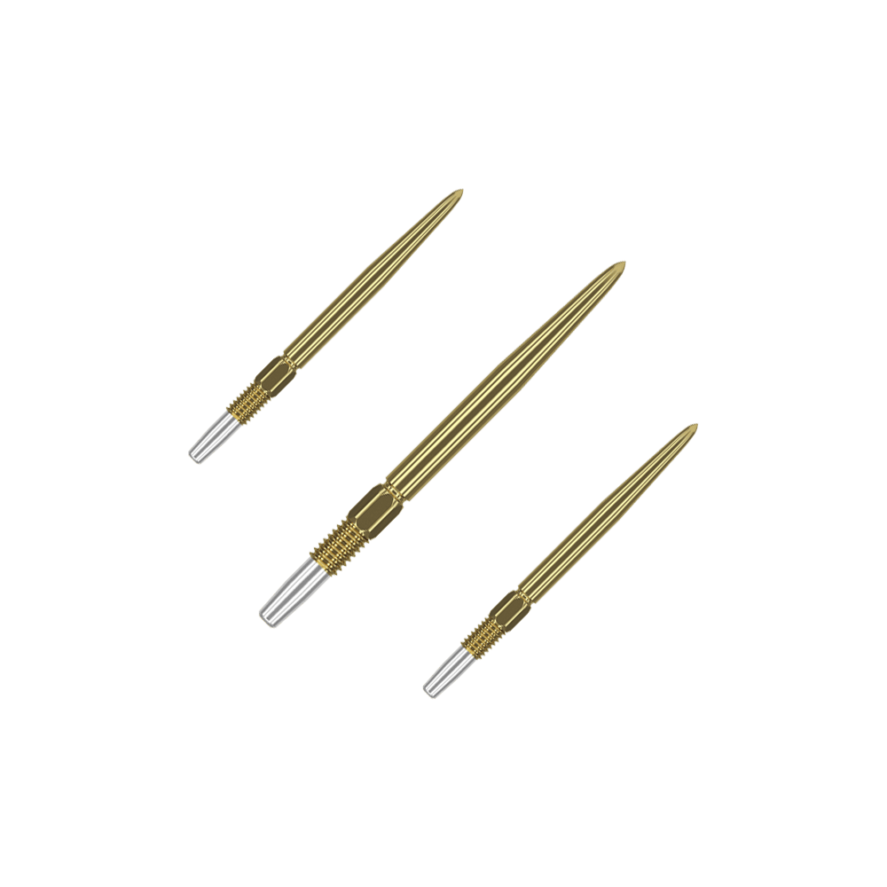 Eine Packung kurze Dartspitzen mit goldener Oberfläche liegt offen da. Die Spitzen sind gleichmäßig angeordnet.