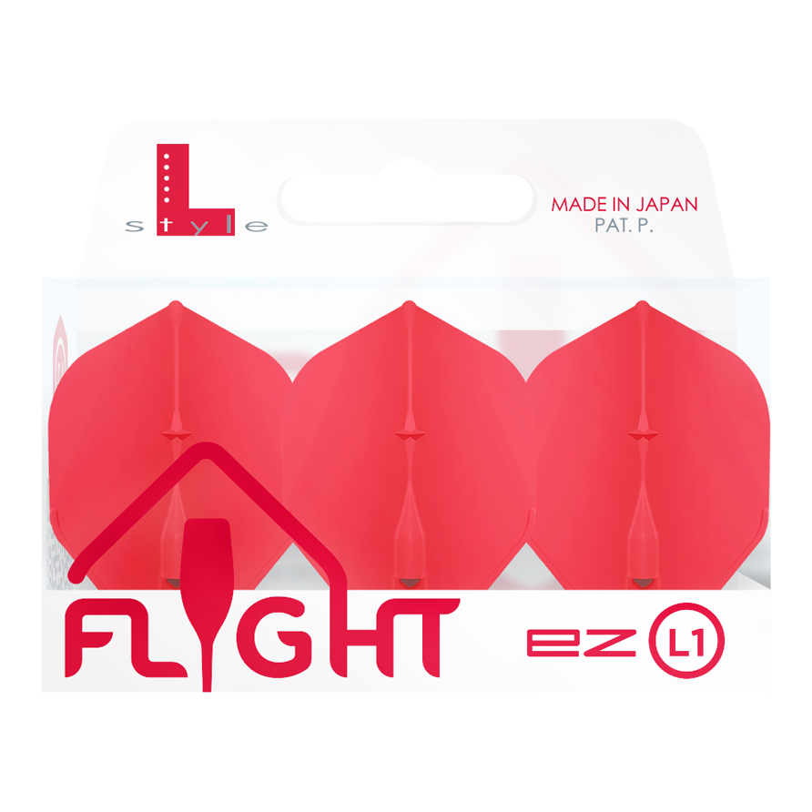 Vuelos estándar L-Style Champagne L1EZ Das Bild zeigt eine Packung mit roten L-Style Champagne L1EZ Standard Flights. Die Verpackung ist durchsichtig und trägt die Aufschrift "Made in Japan".