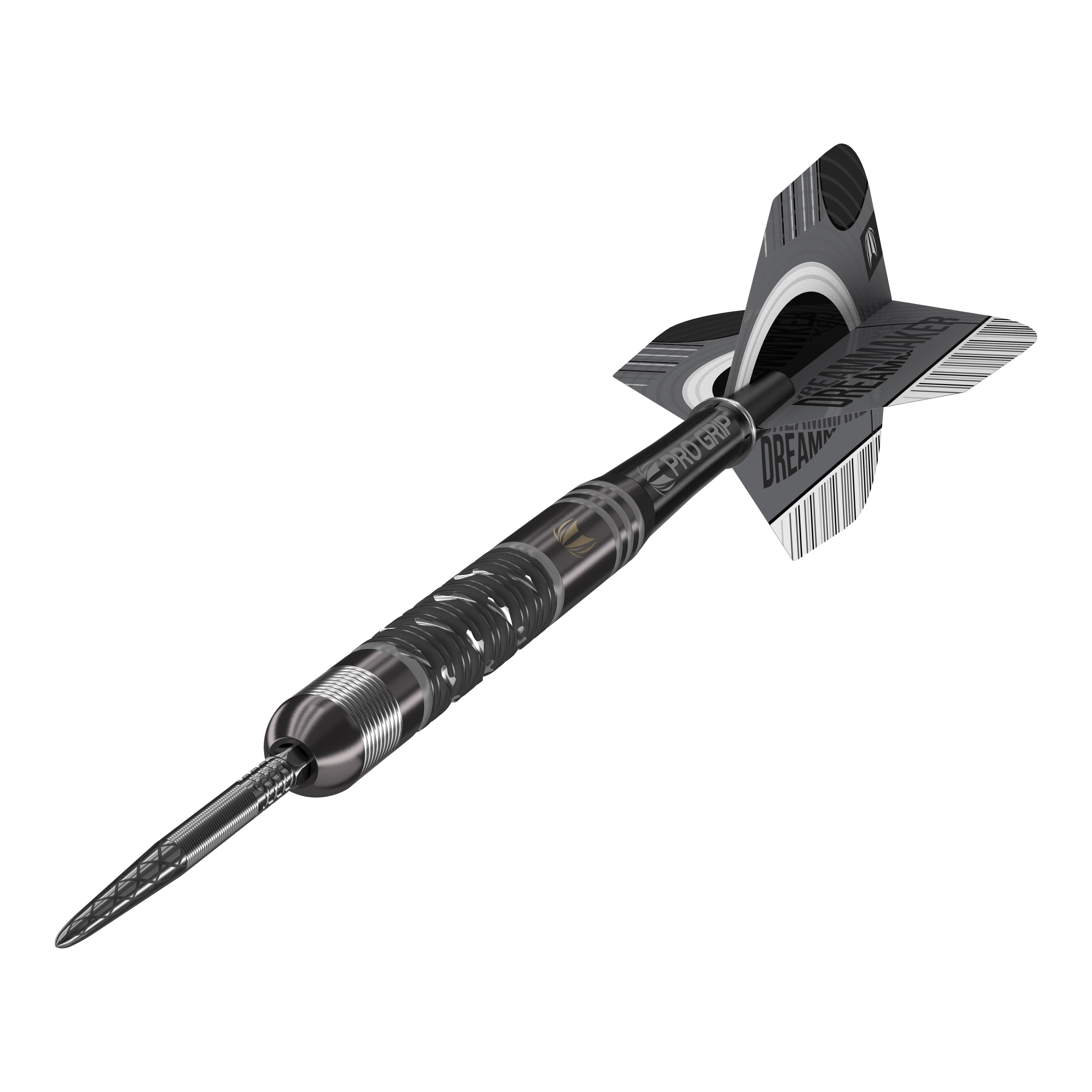 Dardos de acero Target Dimitri Van Den Bergh X Echo Swiss Point Das Bild zeigt einen Target Dimitri Van Den Bergh X Echo Swiss Point Steeldart. Der Dartpfeil ist schwarz-silber und hat detaillierte Ringe und Schriftzüge auf dem Schaft und den Flights.