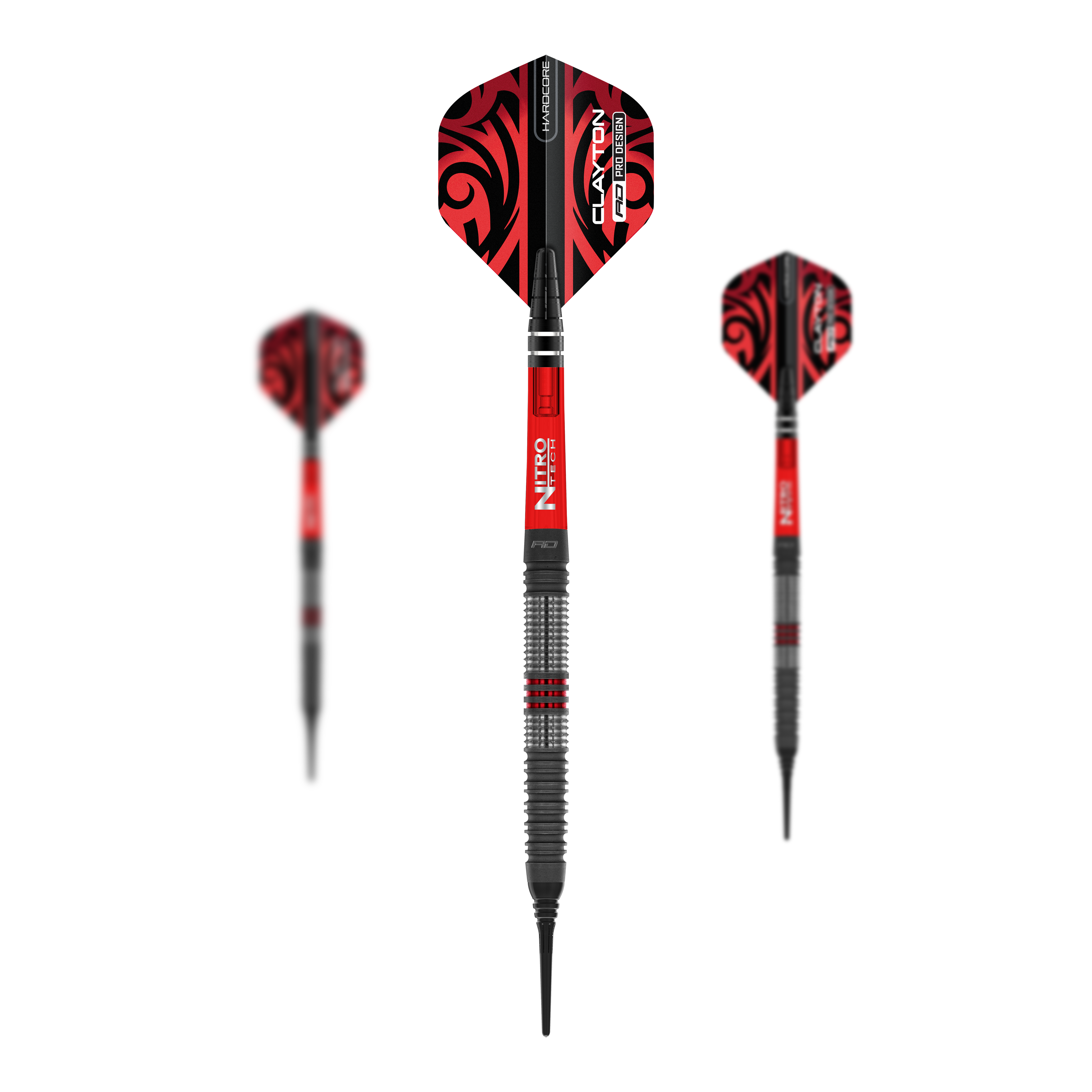 Dardos blandos Red Dragon Jonny Clayton Hiraeth - 20 g Das Bild zeigt die Red Dragon Jonny Clayton Hiraeth Softdarts mit einem Gewicht von 20g. Die Darts haben ein auffälliges rotes Design mit schwarzen Mustern und silbernen Ringen am Barrel.
