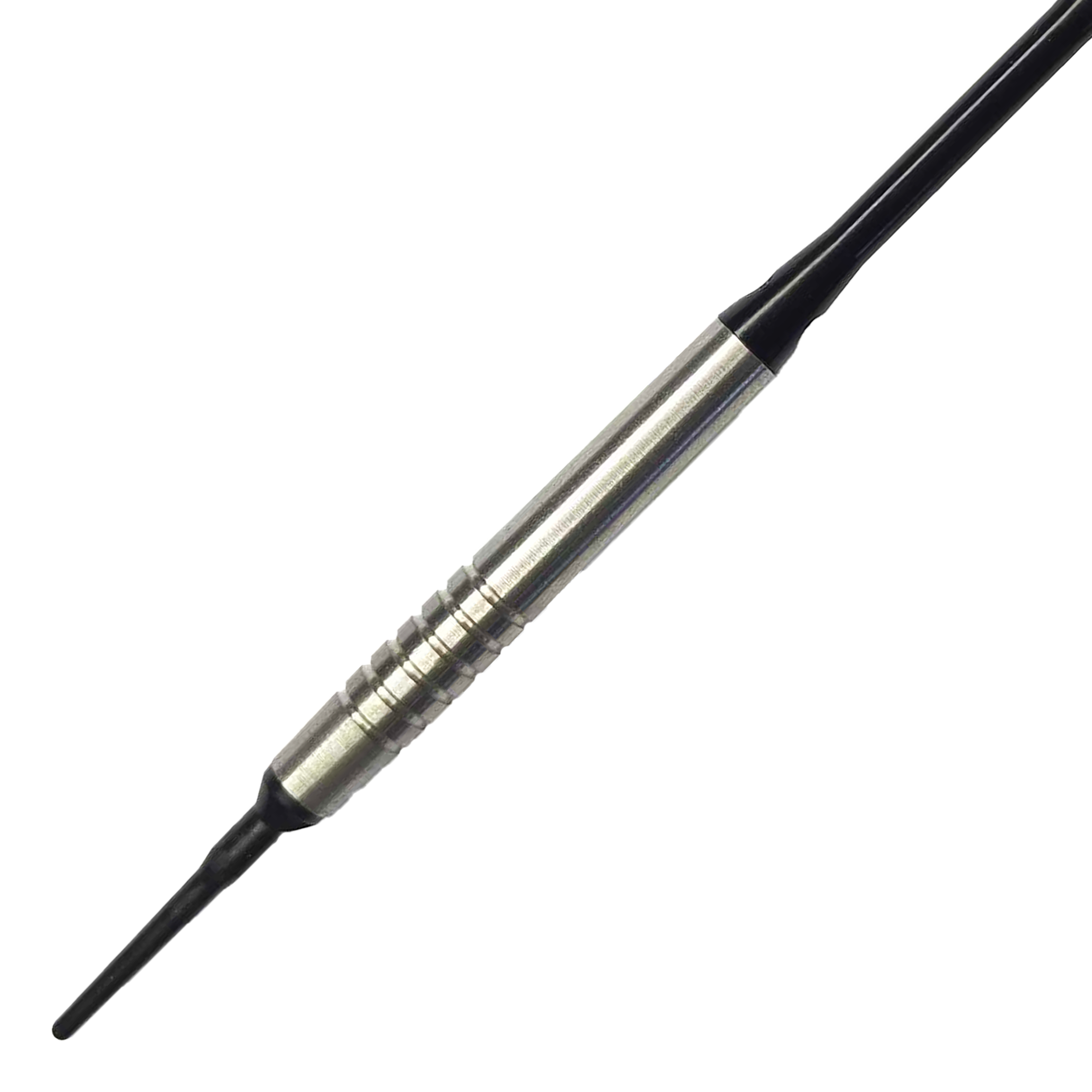 Dardos blandos McDart 85 Tungsten V14 - 17 g Auf dem Bild ist ein McDart 85er Tungsten V14 Softdart mit einem Gewicht von 17 Gramm zu sehen. Der Dartpfeil hat einen silbernen, gerillten Schaft und schwarze Spitzen.