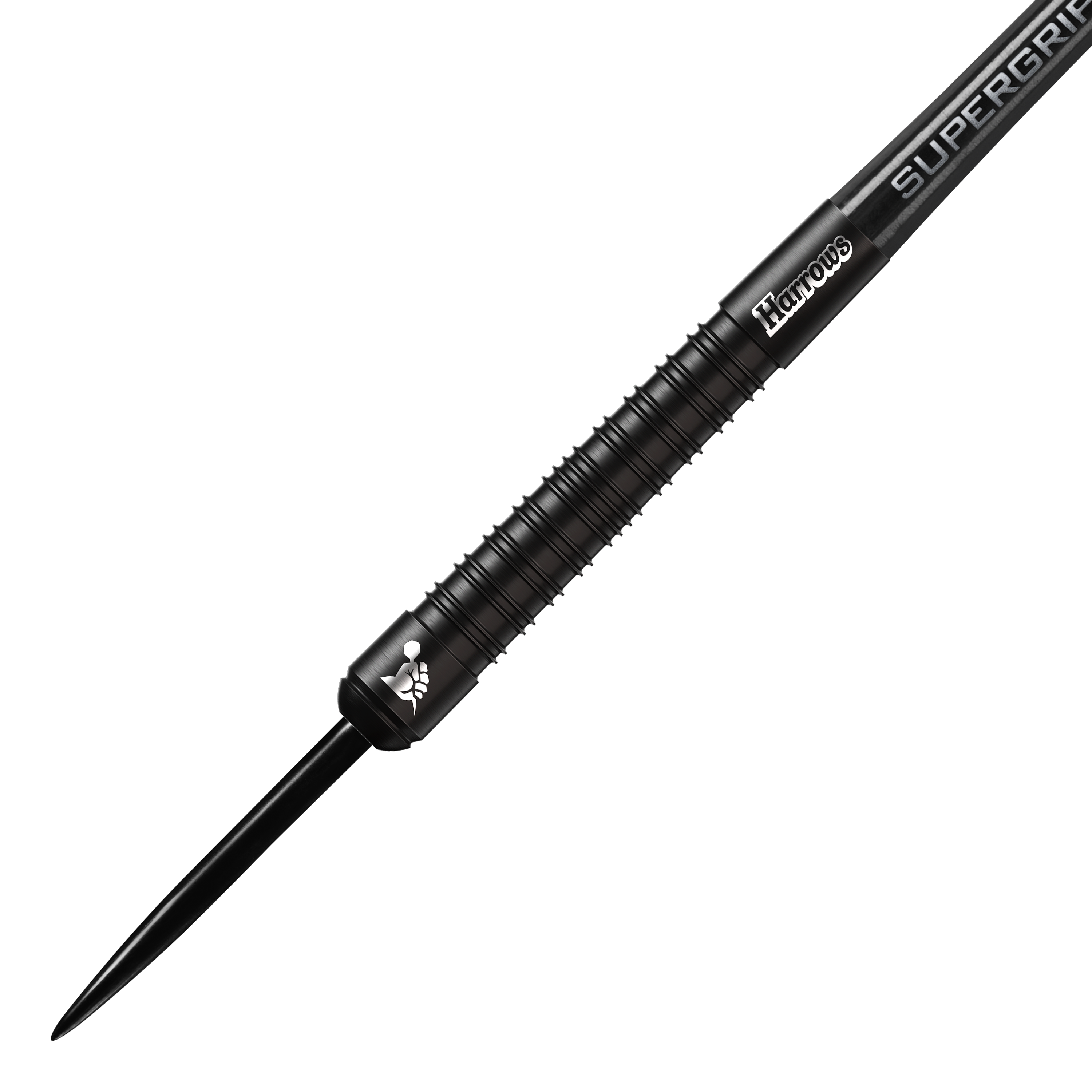 Dardos de acero Harrows Supergrip Black Edition Das Bild zeigt einen schwarzen Steeldart der Marke Harrows aus der Supergrip Black-Edition. Der Dart hat ein geriffeltes Griffstück und ein elegantes, komplett schwarzes Design.