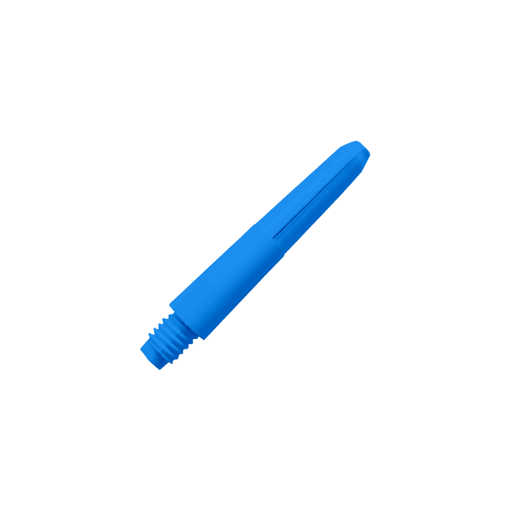 572_Nylon_Shafts_Blau_28mm_2 Das Bild zeigt einen blauen Nylon-Schaft. Er hat ein Gewinde an einem Ende und ist glatt und länglich geformt.
