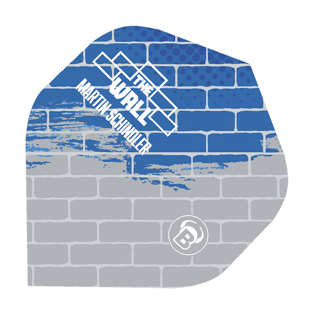 Vuelos estándar Bulls Metrixx Martin Schindler Blue Gray No2 Das Bild zeigt ein Dartflight mit einem Mauer-Design in Blau und Grau. Auf dem Flight steht „THE WALL MARTIN SCHINDLER“ und das Bulls-Logo ist unten rechts zu sehen.