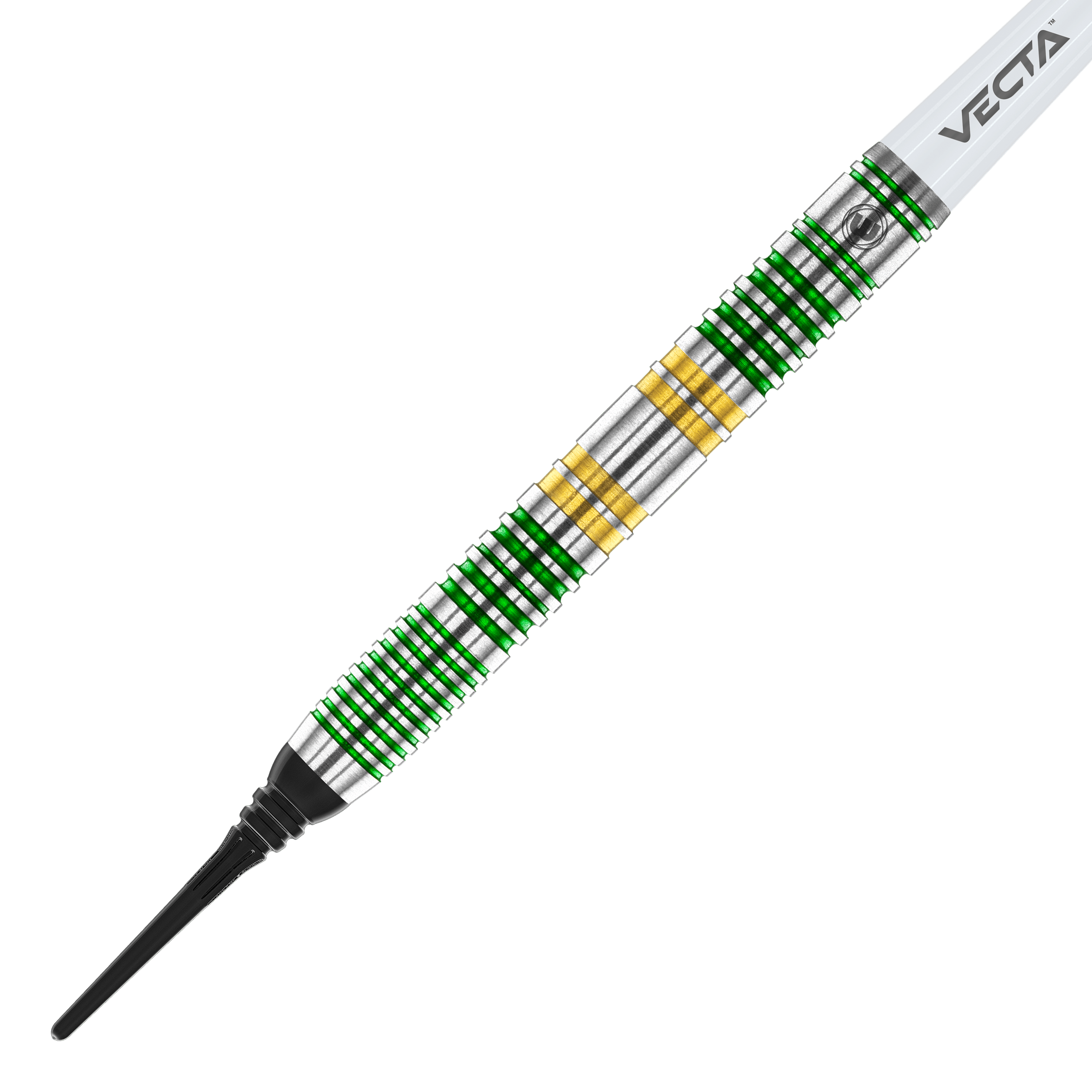 Dardos blandos Winmau Xenon - 20 g Das Bild zeigt einen Winmau Xenon Softdart mit einem Gewicht von 20 Gramm. Der Dartpfeil hat silberne, grüne und goldene Ringe und eine schwarze Spitze.