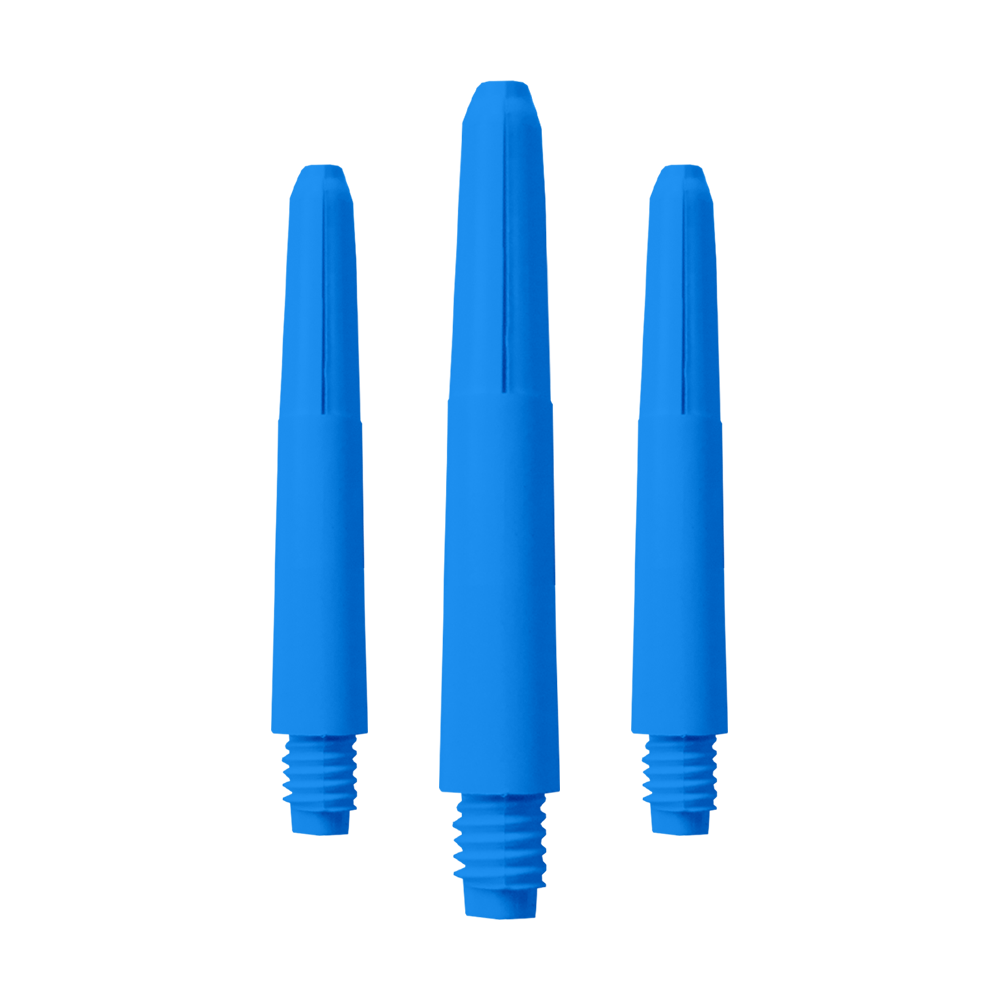 573_Nylon_Shafts_Blau_35mm_1 Das Bild zeigt drei blaue Nylon Shafts. Sie sind in einer Reihe angeordnet und haben Gewinde an einem Ende.
