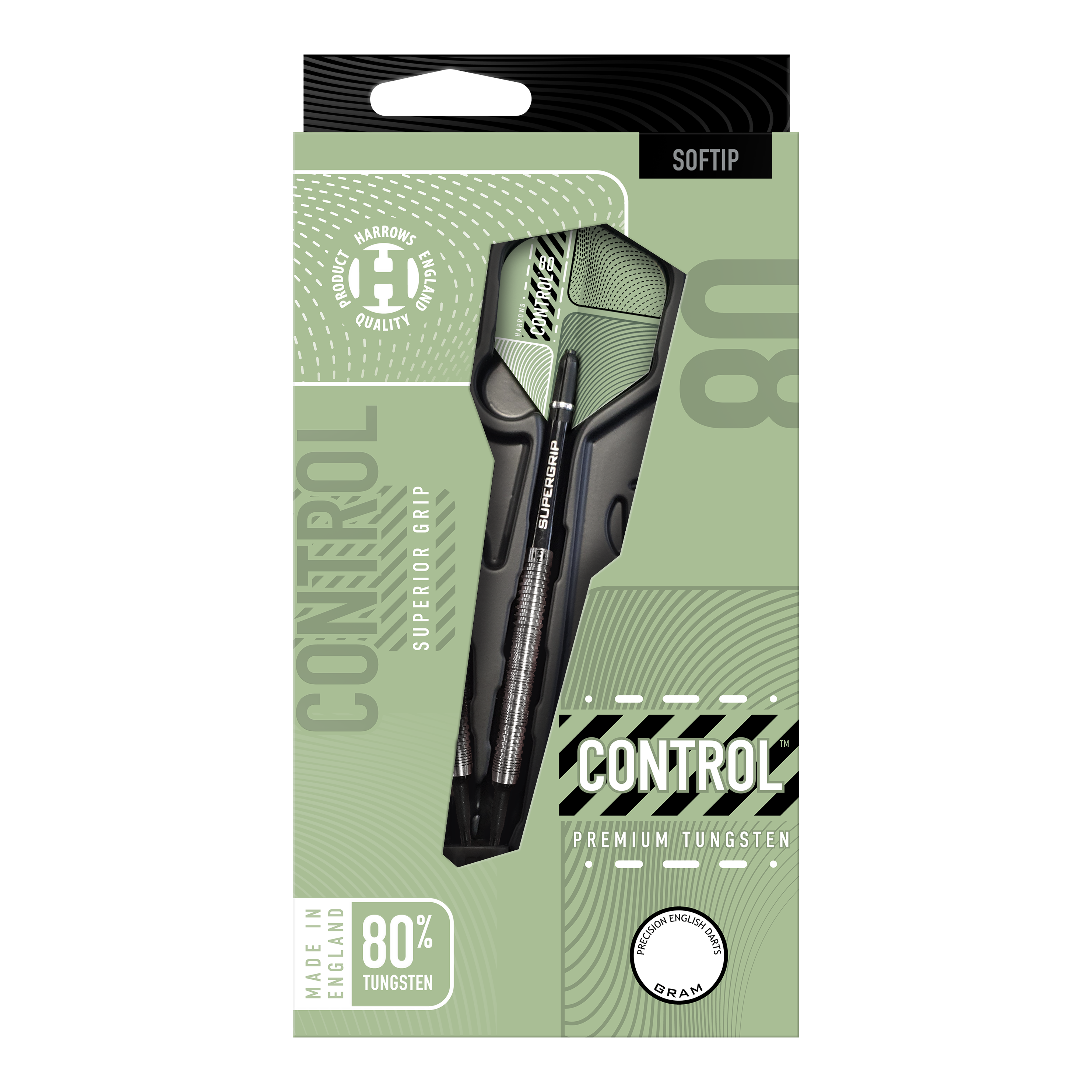 Dardos blandos paralelos Harrows Control Das Bild zeigt die Verpackung der "Harrows Control Parallel Softdarts" mit dem Dartpfeil gut sichtbar. Auf der Verpackung steht, dass der Dart aus 80% Tungsten besteht und für einen überlegenen Griff sorgt.