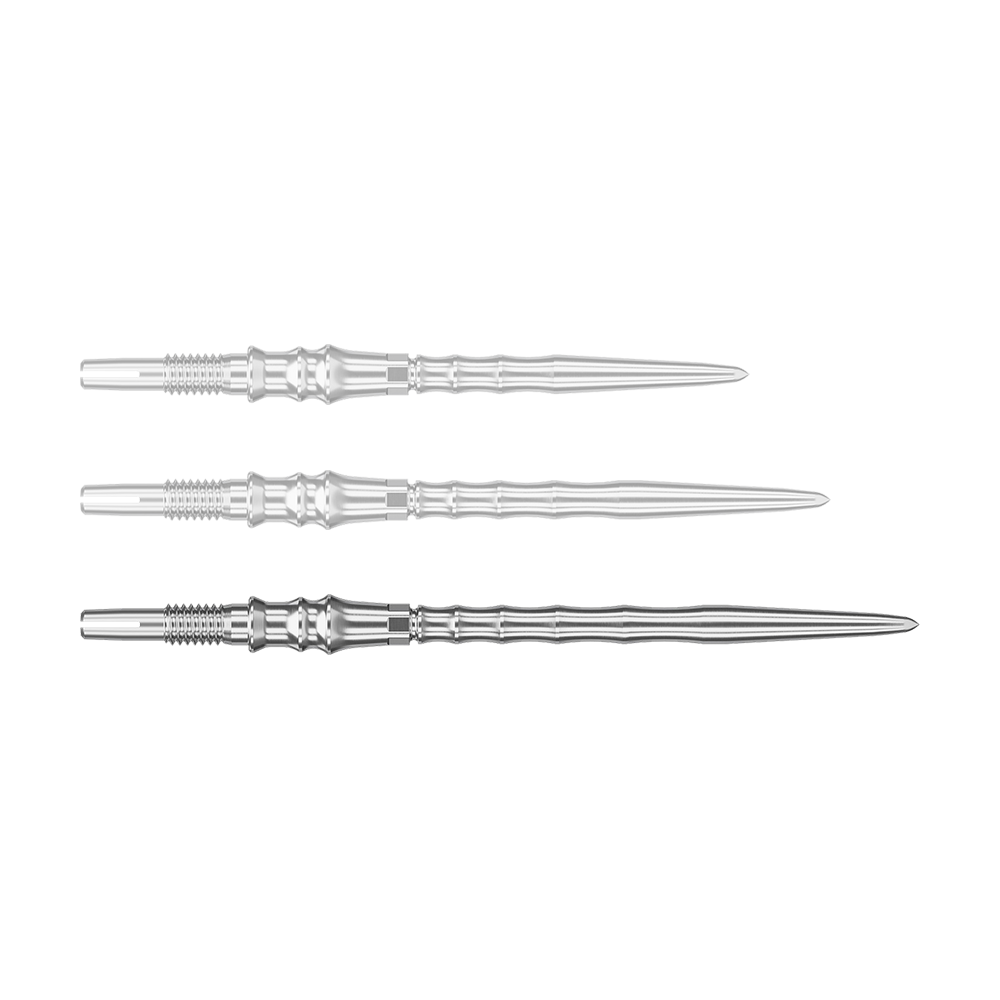 Abgebildet ist eine einzelne silberne SwissPoint-Dartspitze mit einer Länge von 40 mm. Die Spitze gehört zur Target Japan Premium Serie.